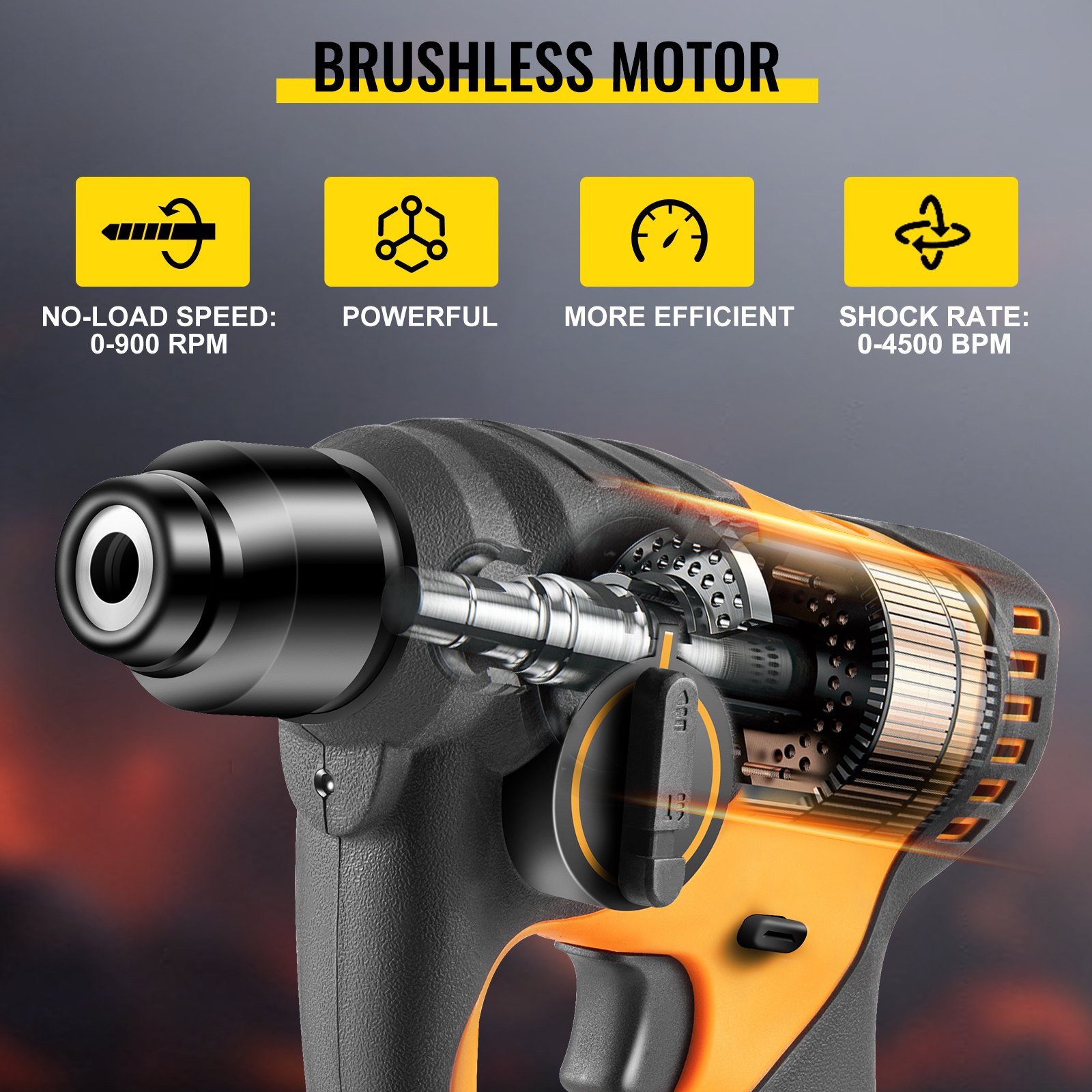 VEVOR Trapano Avvitatore Batteria a Percussione, 18V Avvitatore a Batteria, Velocità 900 giri/min Trapano Elettrico con Percussione, 450 bpm Trapano Avvitatore a Percussione Brushless, Giallo+Nero