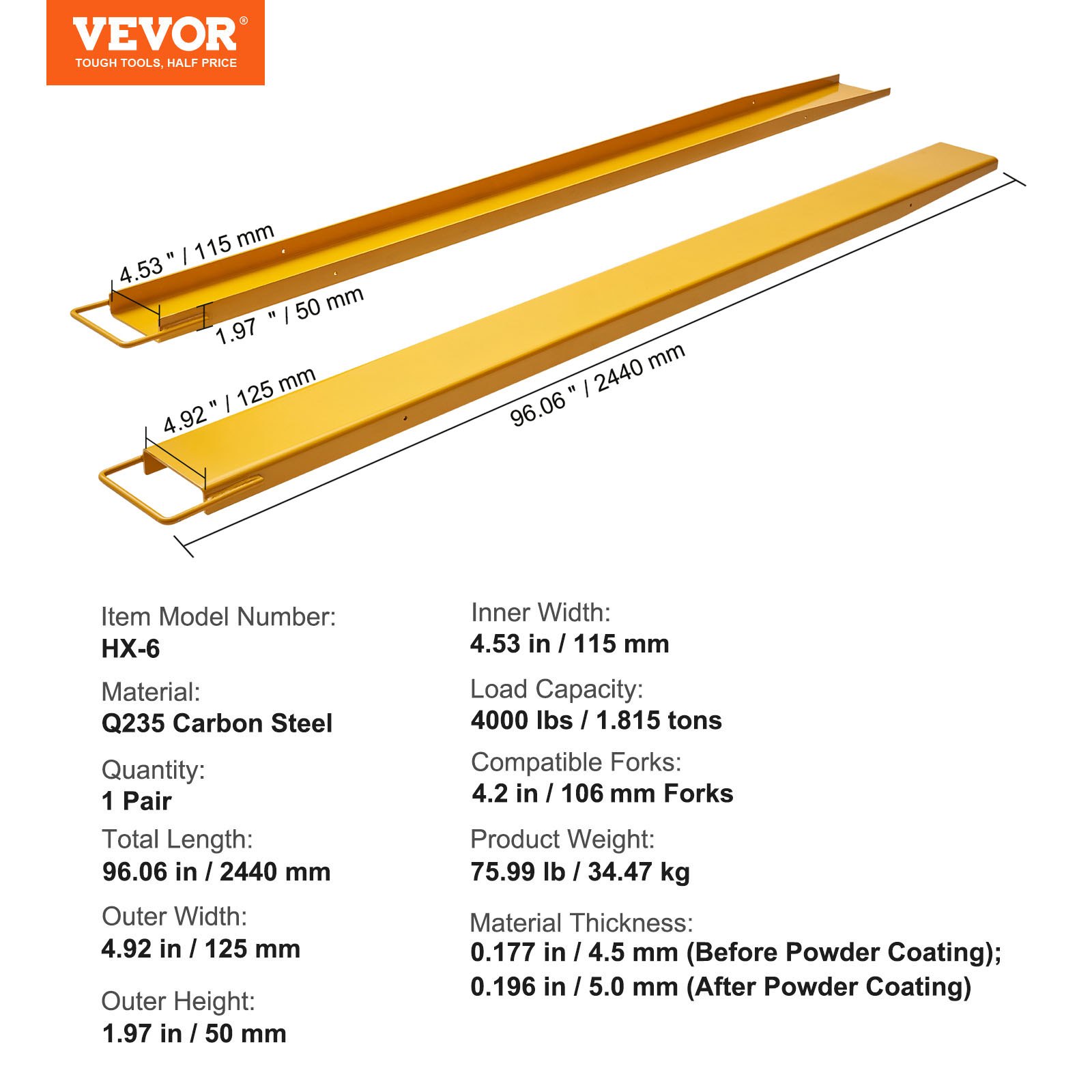 VEVOR Forche per Pallet Lunghezza 2440 mm Capacità Carico max. 1815 Tonnellate, Coppia di Forche per Movimentazione Carico da Benne Trattori Minipala Escavatori in Acciaio, Forche Compatibili 106mm