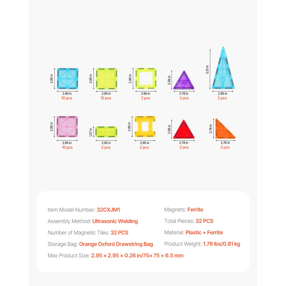VEVOR Piastrelle Magnetiche 75 x 75 x 6,5 mm Blocchi da Costruzione Magnetici per Bambini 32 PZ, Set di Costruzioni Magnetiche con Borsa Portaoggetti, Giocattoli Educativi Sensoriali STEM da Impilare