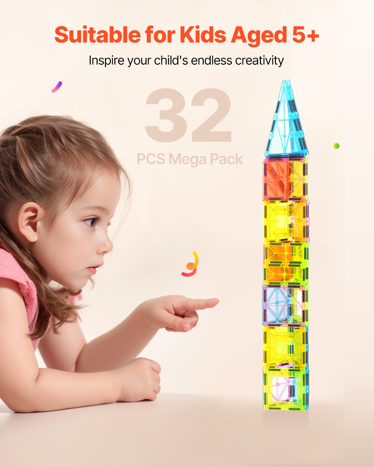 VEVOR Piastrelle Magnetiche 75 x 75 x 6,5 mm Blocchi da Costruzione Magnetici per Bambini 32 PZ, Set di Costruzioni Magnetiche con Borsa Portaoggetti, Giocattoli Educativi Sensoriali STEM da Impilare