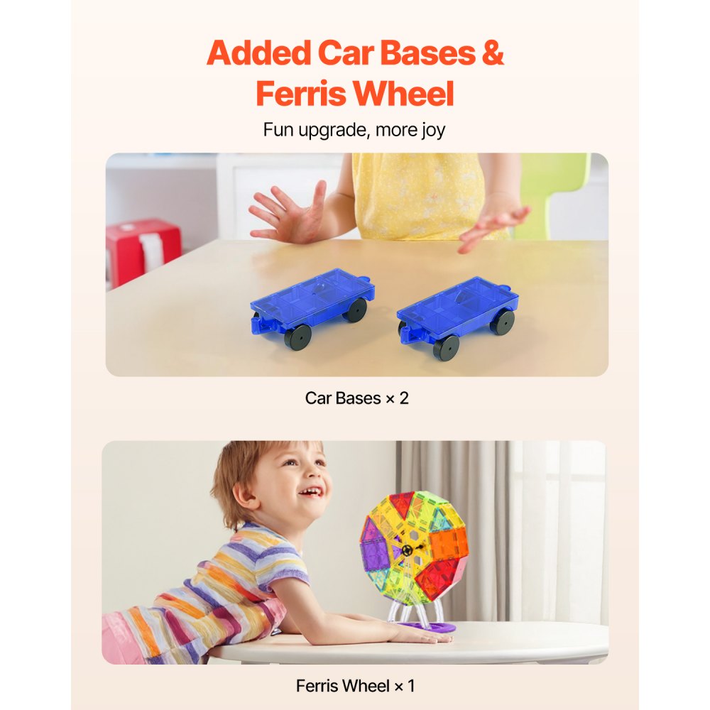 VEVOR Piastrelle Magnetiche 180 Pezzi, Blocchi da Costruzione Magnetici per Bambini, con 2 Basi per Auto e Supporto per Ruota Panoramica, Giocattoli Educativi STEM da Impilare per Bambini Piccoli