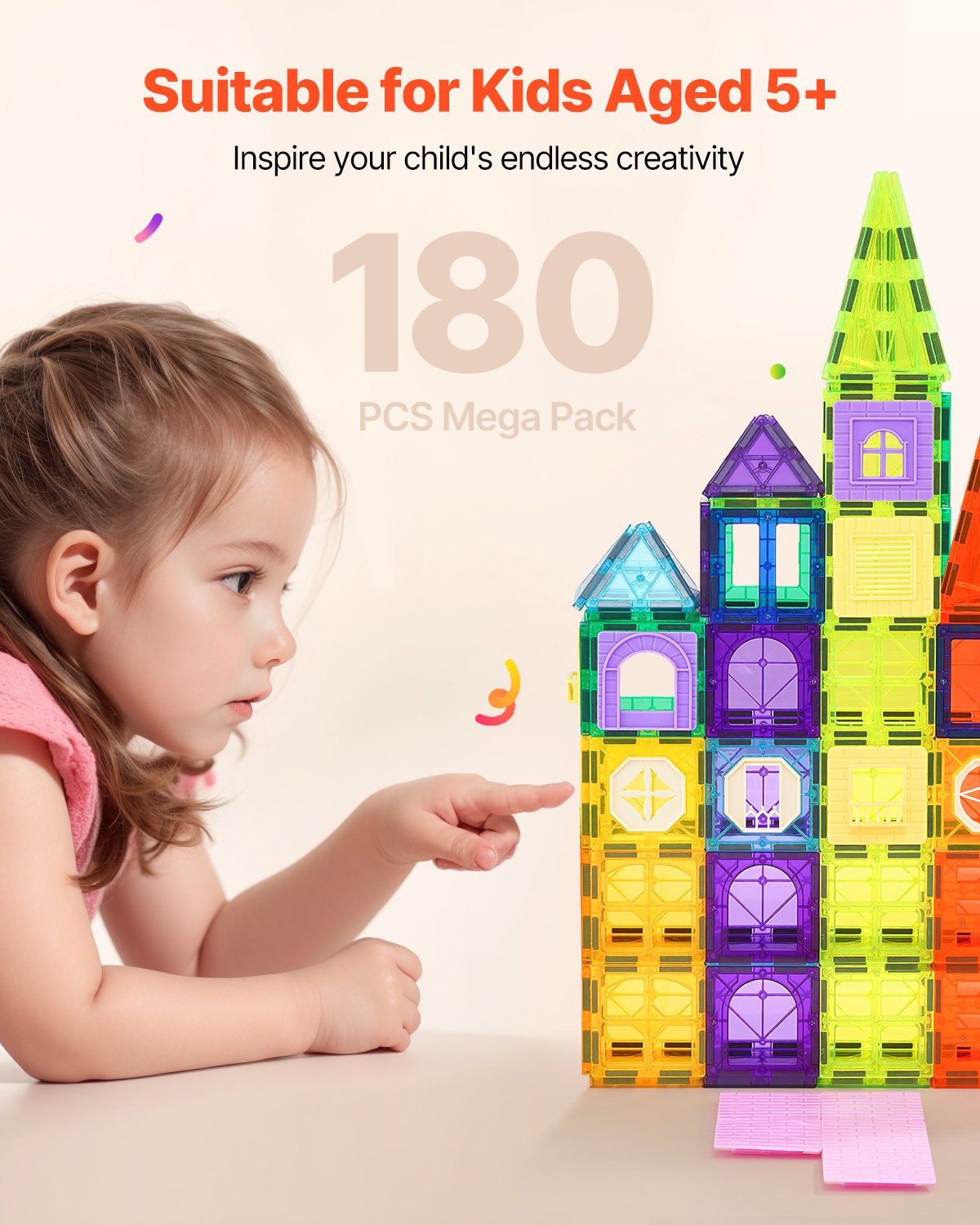 VEVOR Piastrelle Magnetiche 180 Pezzi, Blocchi da Costruzione Magnetici per Bambini, con 2 Basi per Auto e Supporto per Ruota Panoramica, Giocattoli Educativi STEM da Impilare per Bambini Piccoli