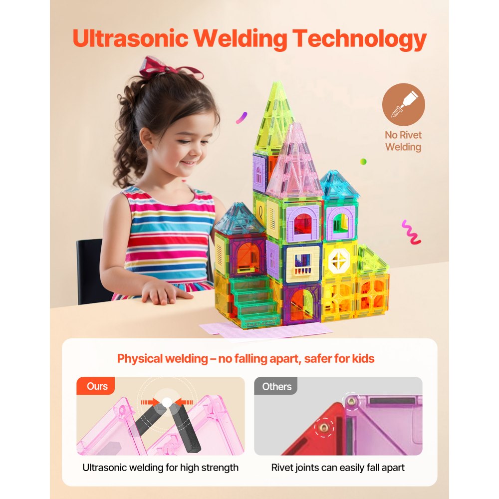 VEVOR Piastrelle Magnetiche 121 Pezzi, Blocchi da Costruzione Magnetici per Bambini, Set Costruzioni Magnetiche, 2 Basi per Auto, 26 Carte Digitali, Giocattoli Didattici STEM da Impilare per Bambini