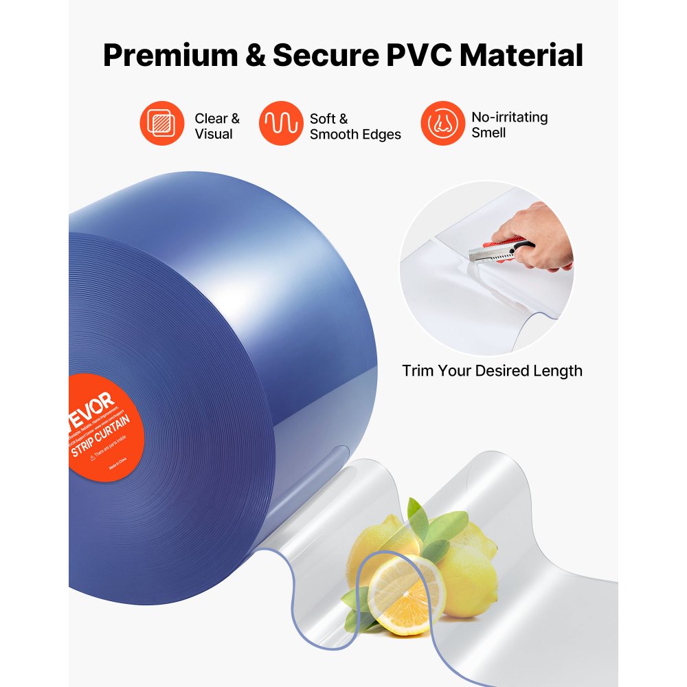 VEVOR Tenda a Strisce in Plastica Lunghezza 30,5 m, Rotolo di Striscia Larghezza 30,5 cm per Porta in Plastica Liscia per Porte, Rotolo a Strisce Trasparente per Magazzini, Congelatori, Garage