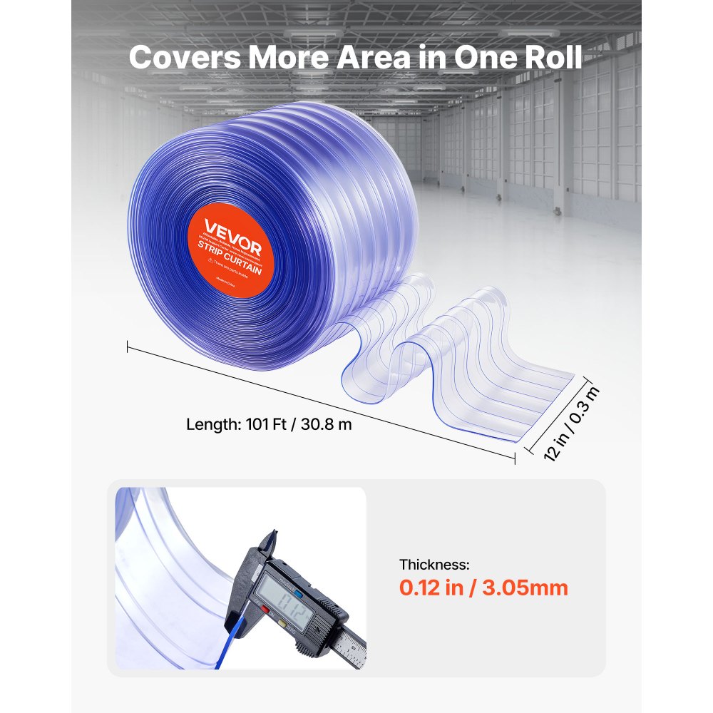 VEVOR Tenda a Strisce Trasparente, 30,8 m x 30,5 cm, Rotolo Sfuso di Strisce in Plastica a Coste per Porte, Strisce per Tende per Congelatori e Frigoriferi per Porte di Supermercati, Garage, Magazzini