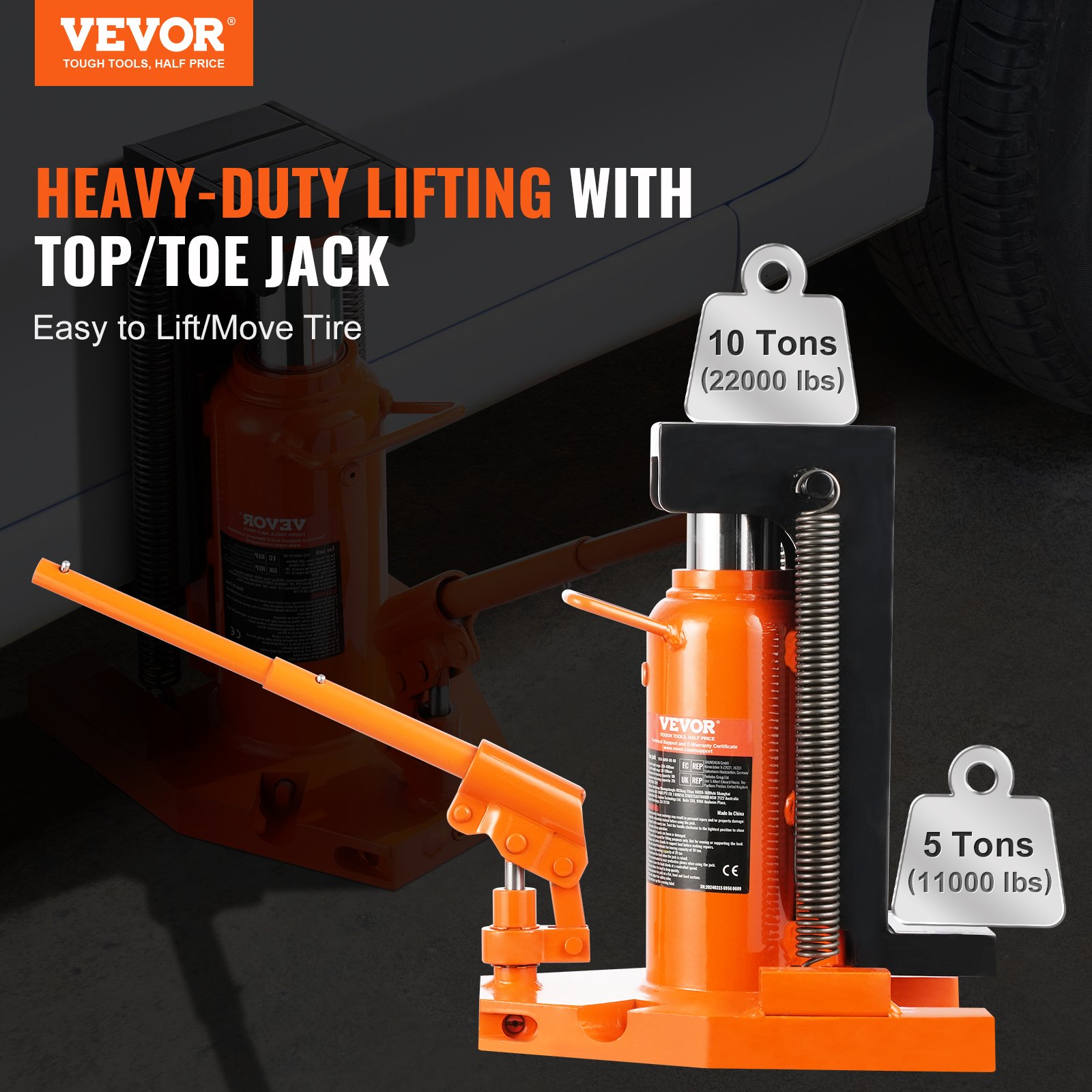 VEVOR Hydraulic Trolley Jack, 5 t lifting platform at the tip, 10 t lifting capacity at the tip, 20-173 mm toe height, 287-440 mm top height, air hydraulic claw jack for machinery