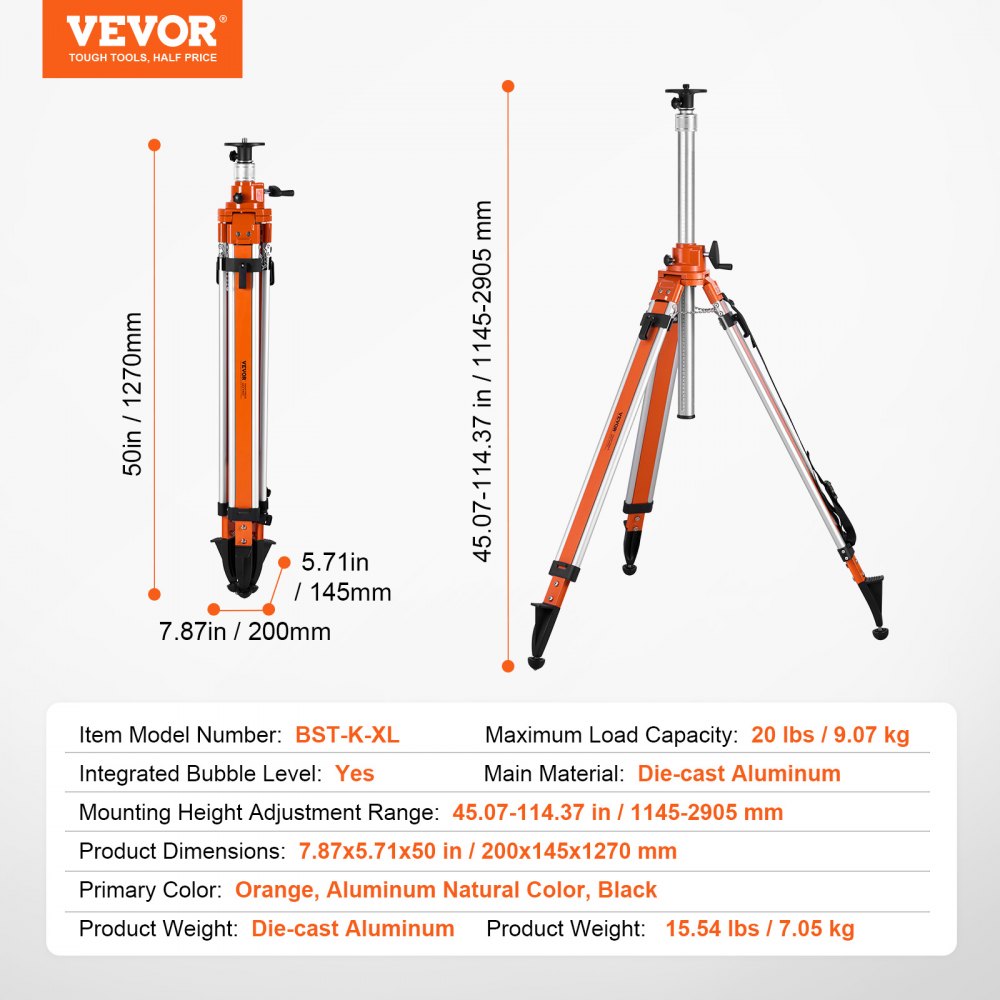 VEVOR Laser Level Tripod, 5/8"-11 Thread Mount, 45.07-114.37 Inch Height Adjustment, Heavy-Duty Surveying Tripod, with Spirit Level and Diffusion Limiter, Liftable, Non-Slip Feet for Construction