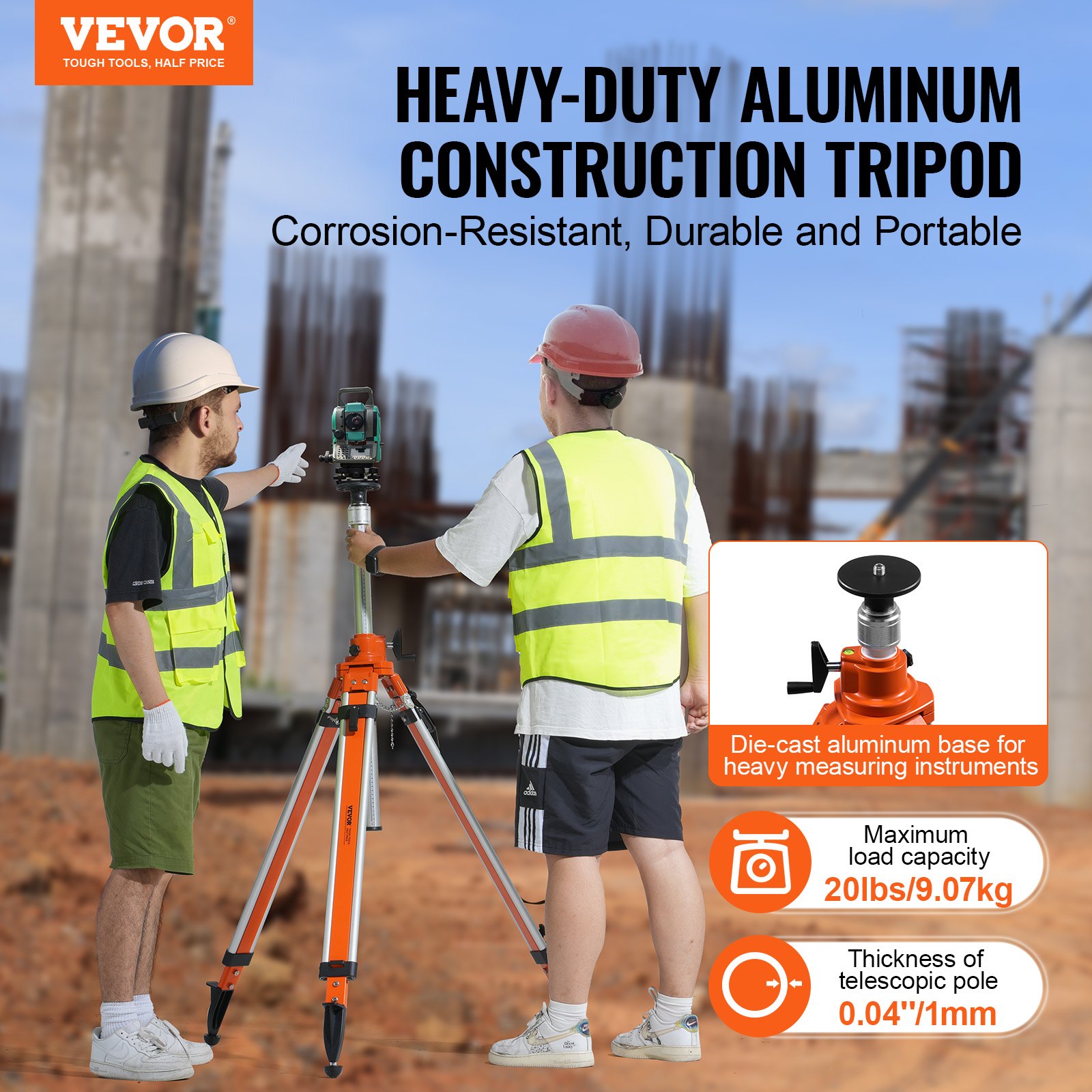 VEVOR Laser Level Tripod, 5/8"-11 Thread Mount, 45.07-114.37 Inch Height Adjustment, Heavy-Duty Surveying Tripod, with Spirit Level and Diffusion Limiter, Liftable, Non-Slip Feet for Construction