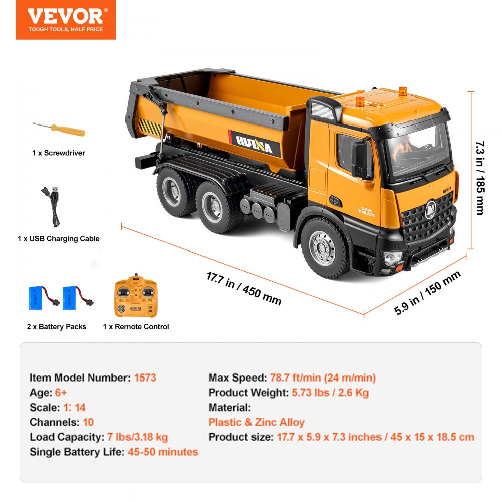 VEVOR Autocarro con cassone ribaltabile telecomandato, 10 Canali, Autocarro con cassone ribaltabile RC in scala 1:14, Veicolo da costruzione giocattolo per bambini dagli 8 anni in su