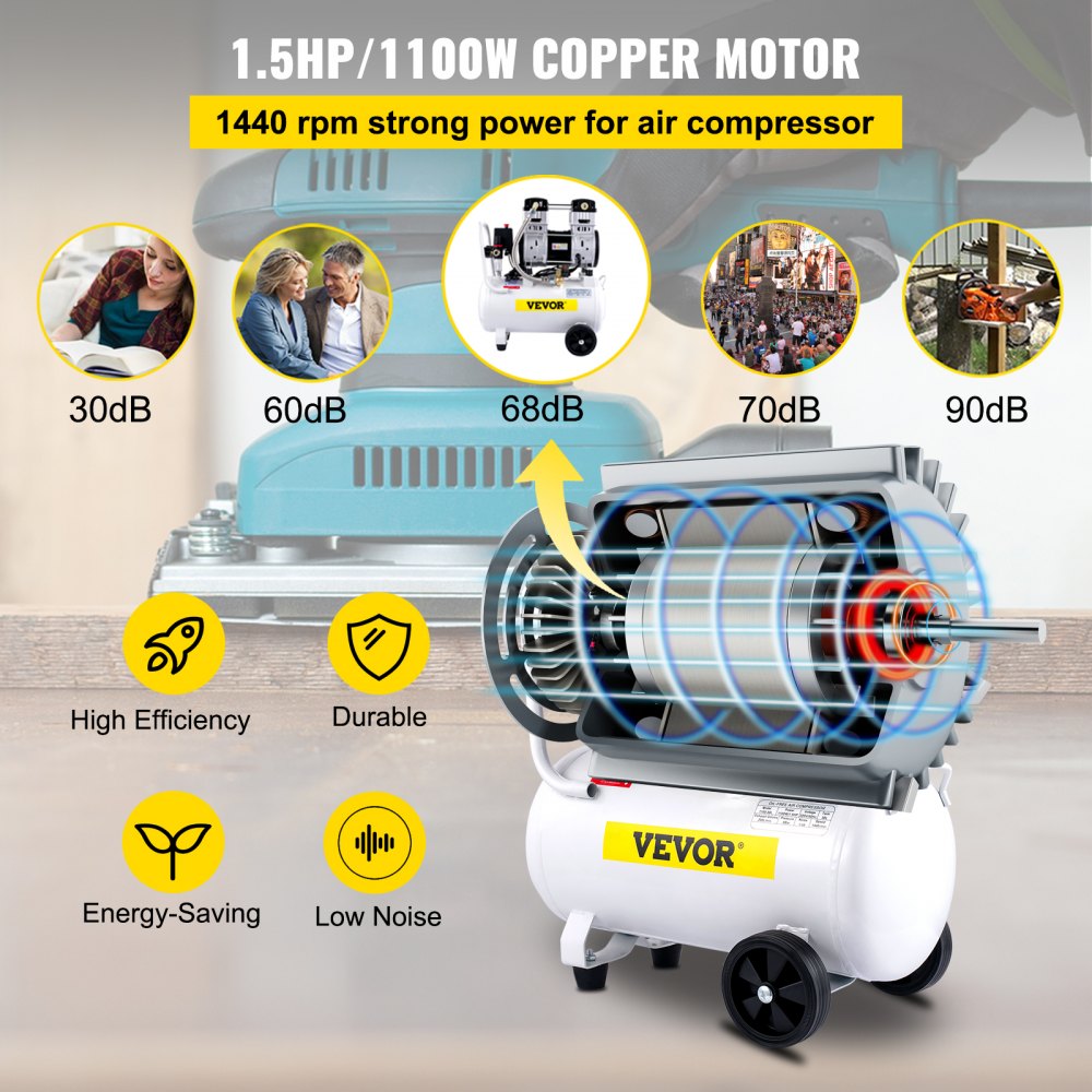 VEVOR Compressori d'Aria da 1,5HP/1100W Compressore Motore senza olio con serbatoio 30L Velocità di rotazione 1440 giri/min Compressore Silenzioso per il