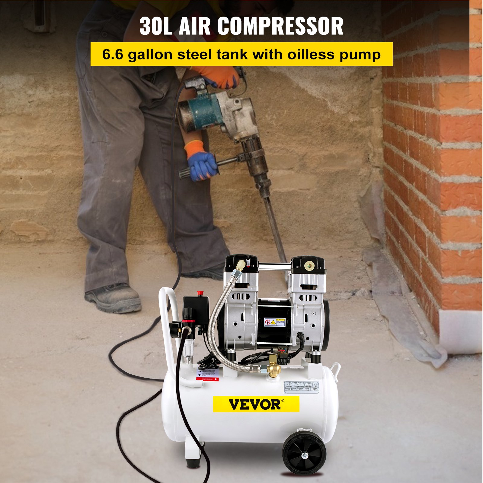 VEVOR Compressori d'Aria da 1,5HP/1100W Compressore Motore senza olio con serbatoio 30L Velocità di rotazione 1440 giri/min Compressore Silenzioso per il