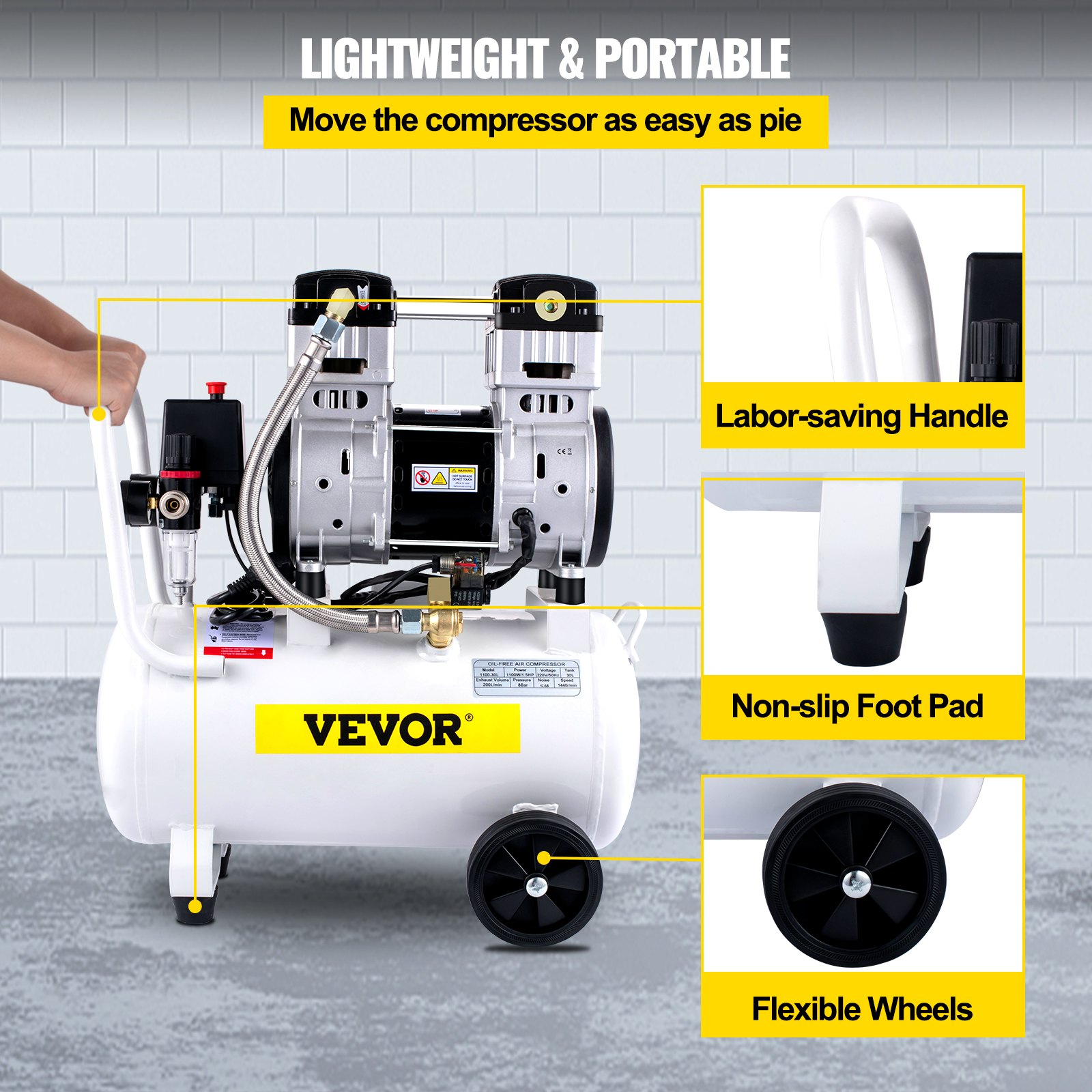 VEVOR Compressori d'Aria da 1,5HP/1100W Compressore Motore senza olio con serbatoio 30L Velocità di rotazione 1440 giri/min Compressore Silenzioso per il