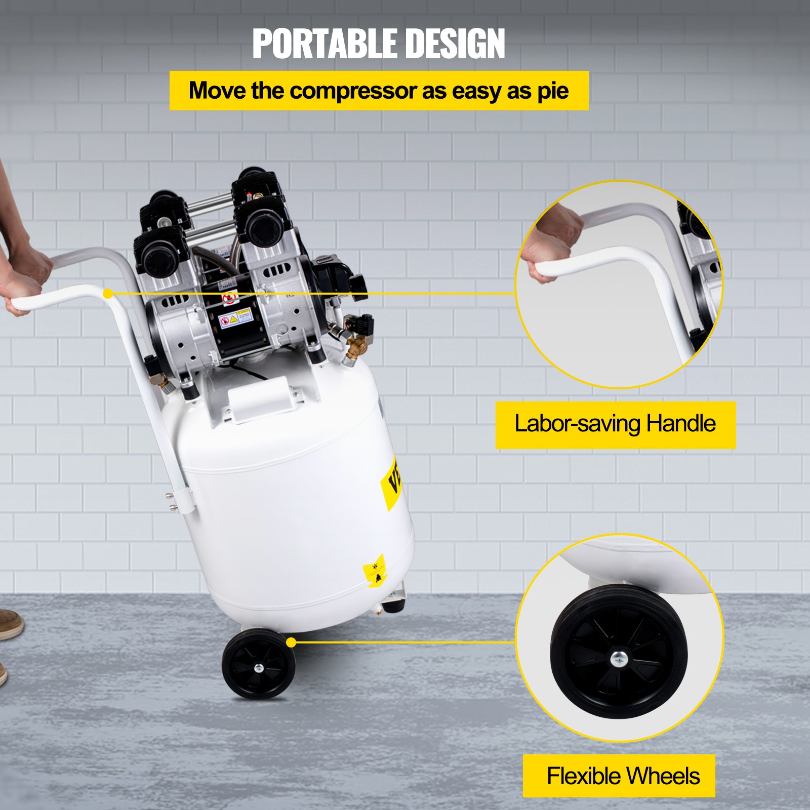 VEVOR Compressori d'Aria da 3HP / 2200W Compressore Motore senza olio con serbatoio 90L Velocità di rotazione 1440 giri/min Compressore Silenzioso per il