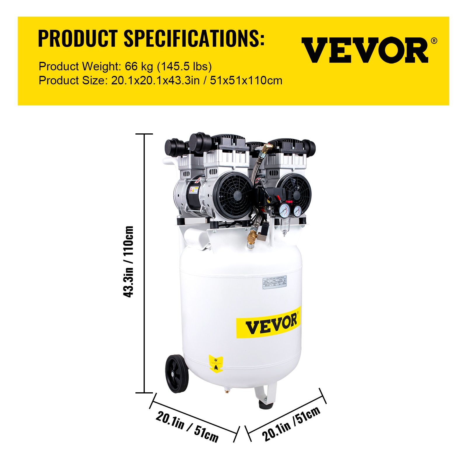 VEVOR Compressori d'Aria da 3HP / 2200W Compressore Motore senza olio con serbatoio 90L Velocità di rotazione 1440 giri/min Compressore Silenzioso per il