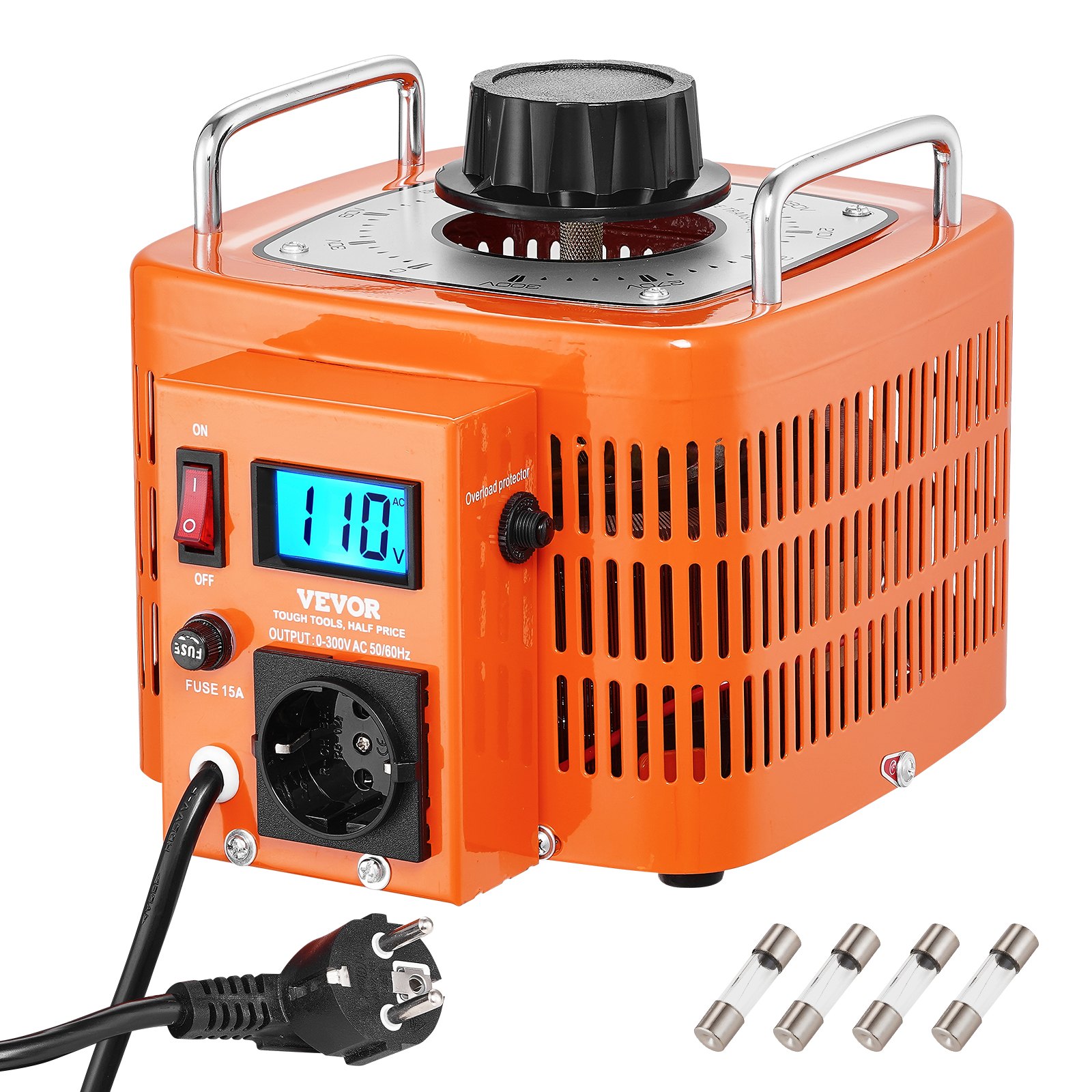 VEVOR Trasformatore di Tensione 3000VA, 10A, Ingresso 230V, Uscita 0-300V, Regolatore di Tensione AC LCD 4 Fusibili, Interruttore di Controllo Termico per Ufficio Industriale Domestico