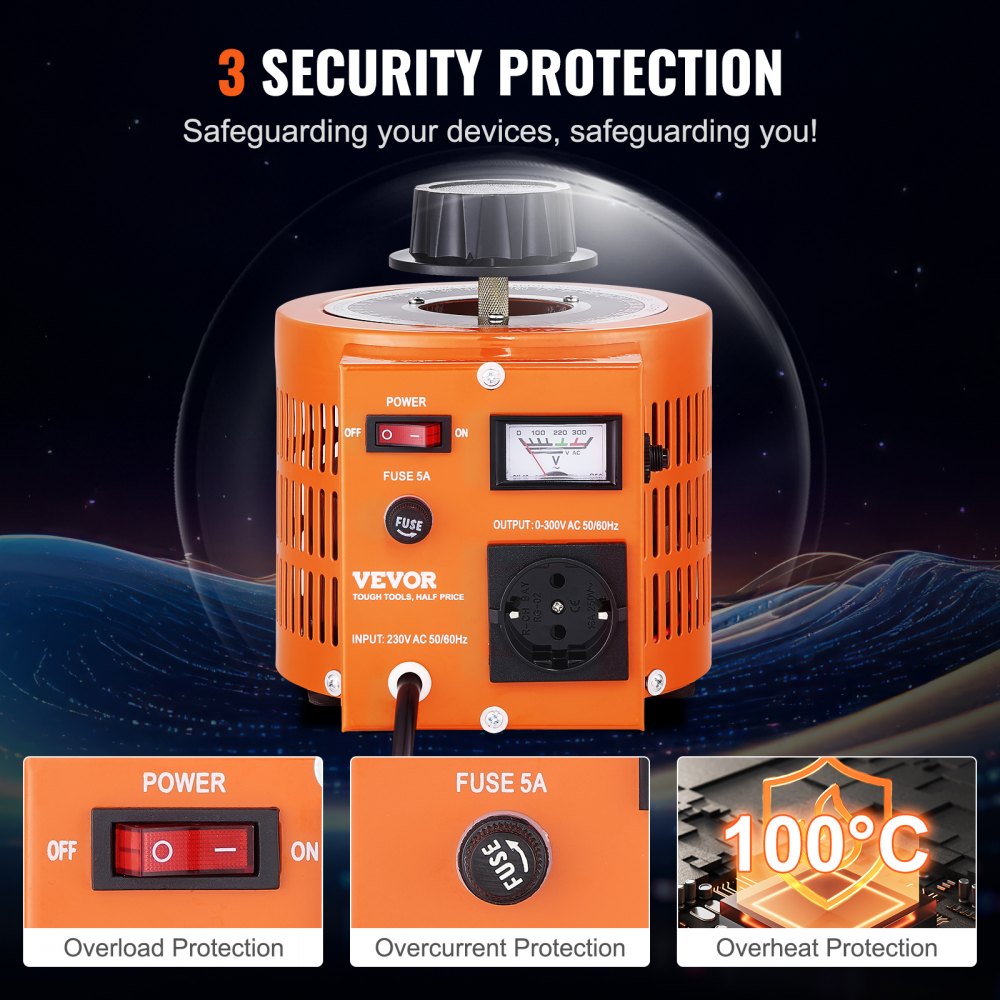VEVOR Trasformatore di tensione variabile 1000VA, 3,3 A, ingresso 230 V, uscita 0-300 V, regolatore di tensione CA 4 fusibili, interruttore di controllo termico per ufficio industriale domestico