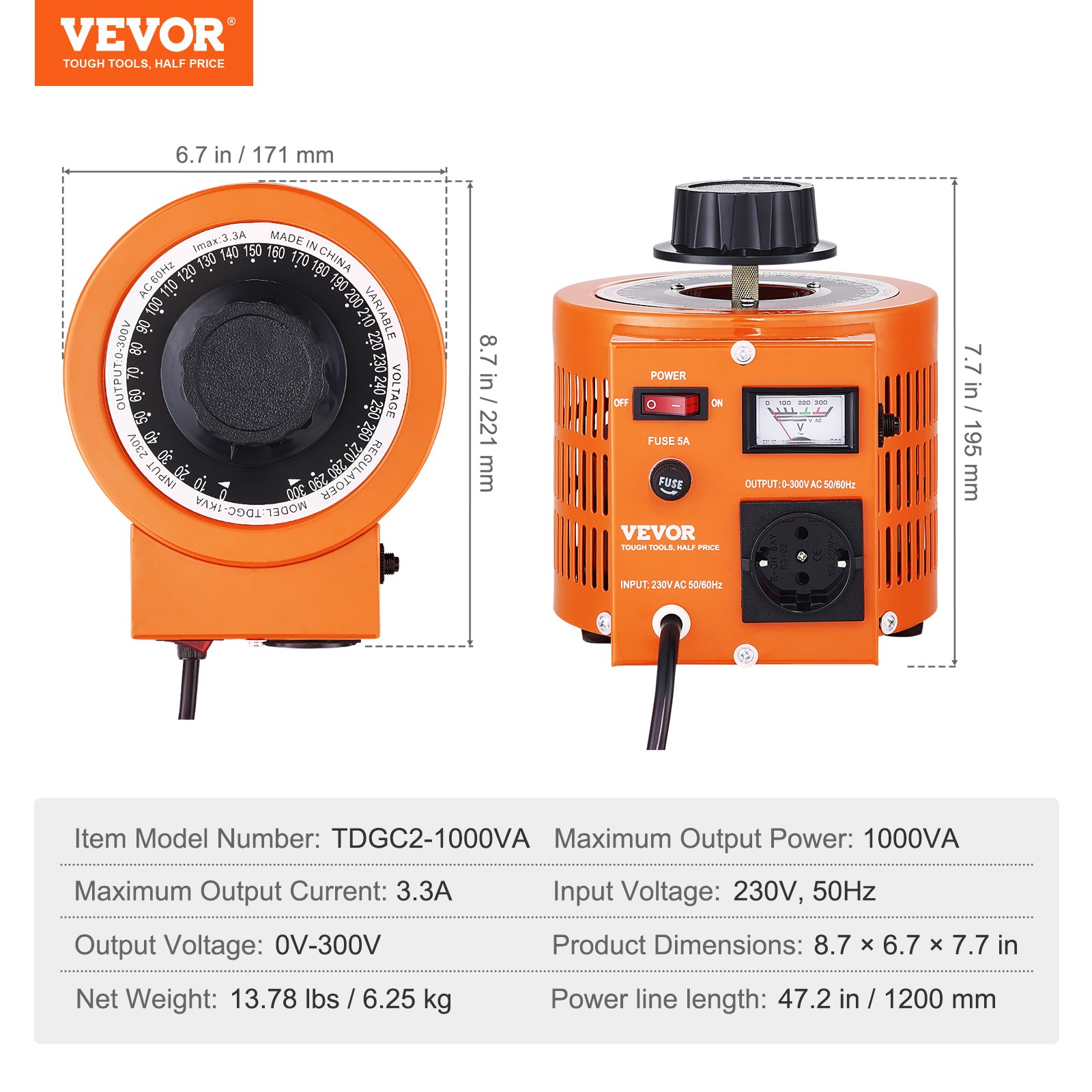 VEVOR 1000VA Variable Voltage Transformer, 3.3 Amps, 230V Input, 0-300V Output, AC Voltage Regulator Power Supply, with 4 Additional Fuses, for Home, Industry, Office