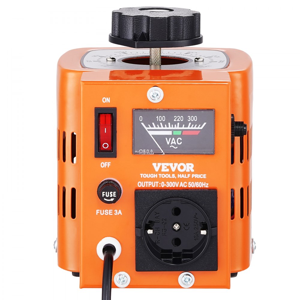 VEVOR Trasformatore automatico di tensione variabile 500 VA, 1,7 A, ingresso 230 V, uscita 0-300 V, 4 fusibili, interruttore di controllo termico per uso domestico, ufficio e industriale