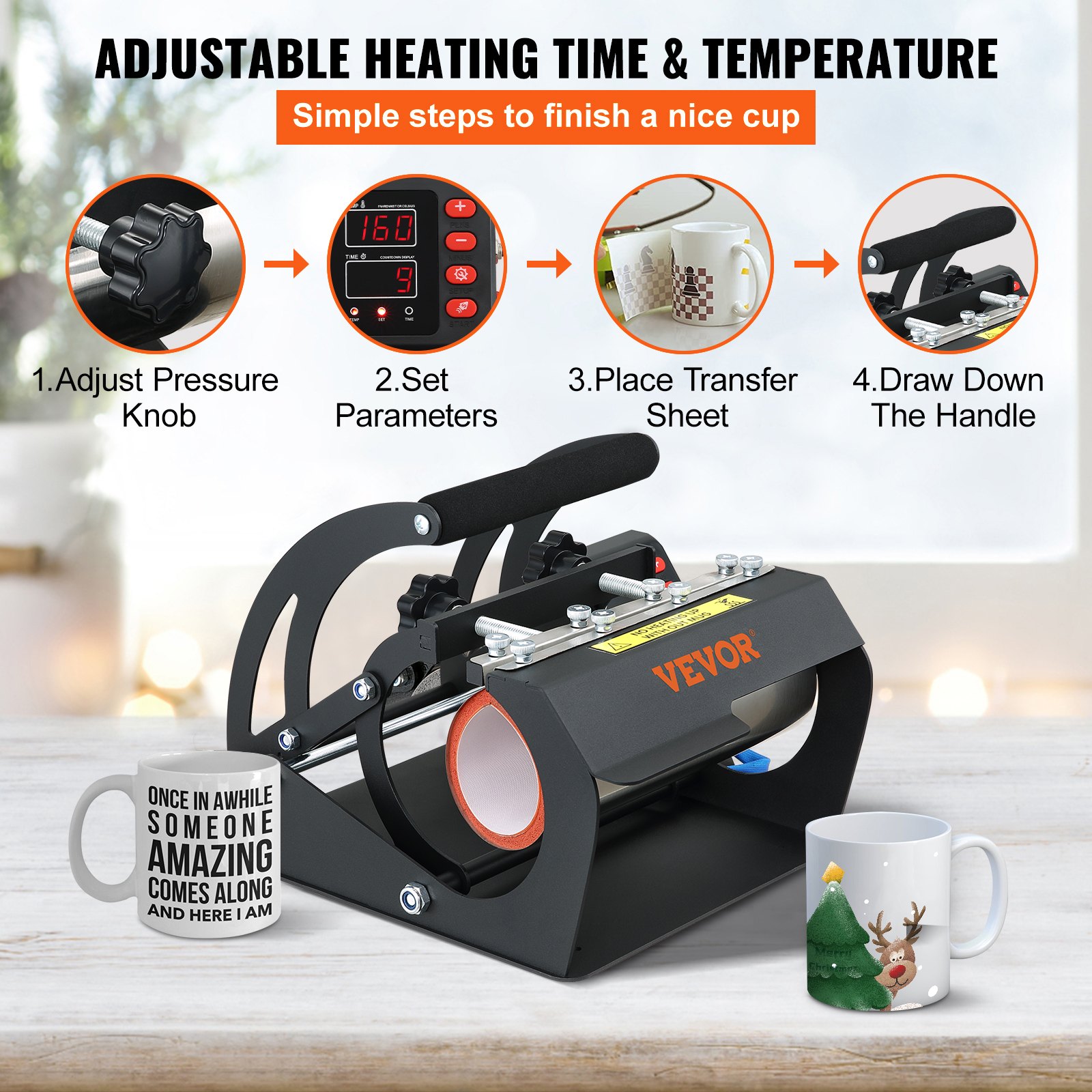 VEVOR Pressa di Calore della Tazza, 500 W Macchina della Pressa di Calore a Trasferimento Termico Nero in Gel di Silice e Ferro, Può Trasferire Immagini Colorate su Tazze in Ceramica, Tazze da Caffè