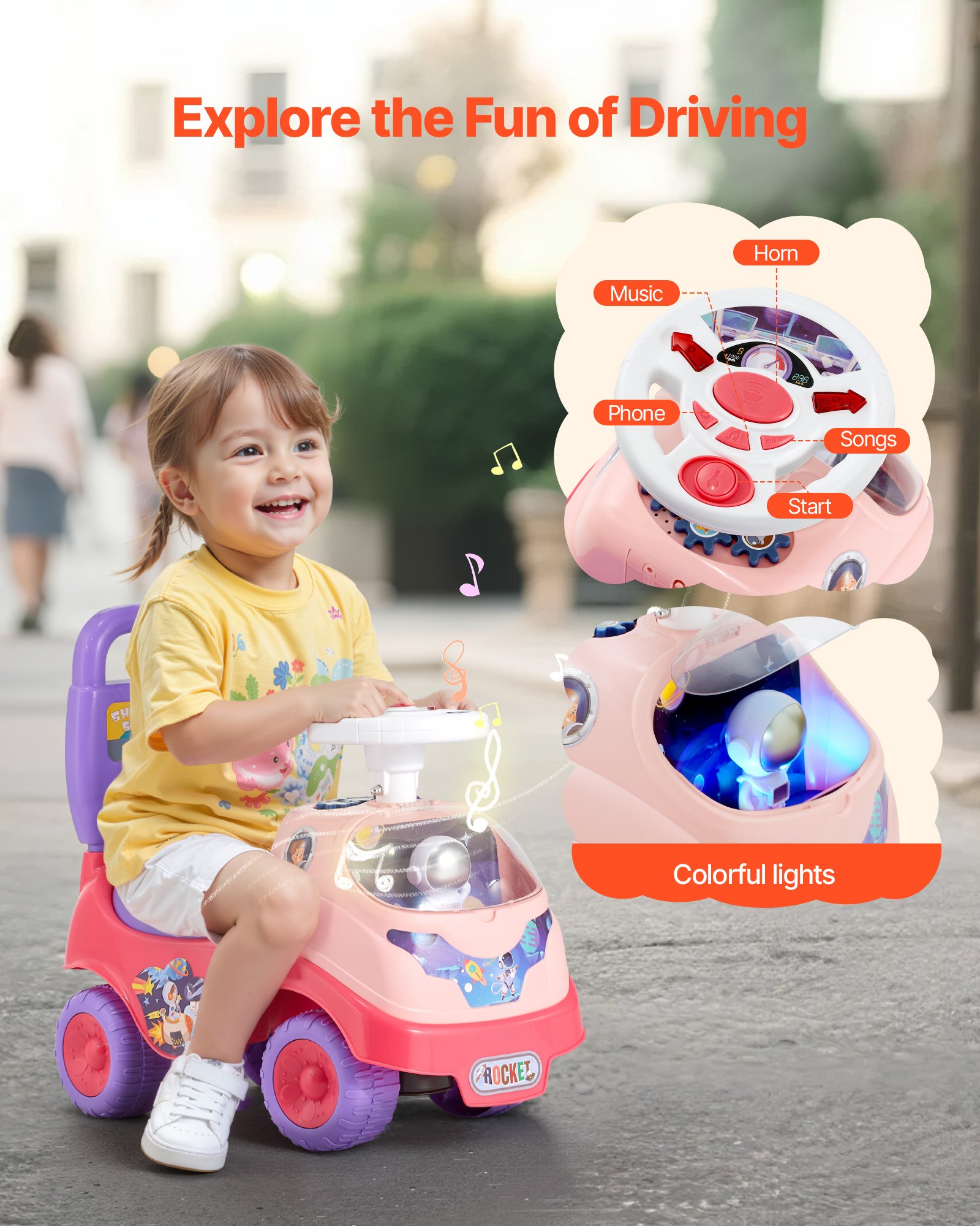 VEVOR Macchinina a Spinta Giocattolo Auto per Bambini, Capacità 22 kg, con Clacson e Musica, Macchina Cavalcabile per Bambini per Sviluppo Muscolare ed Equilibrio, Coordinazione Occhio-Mano