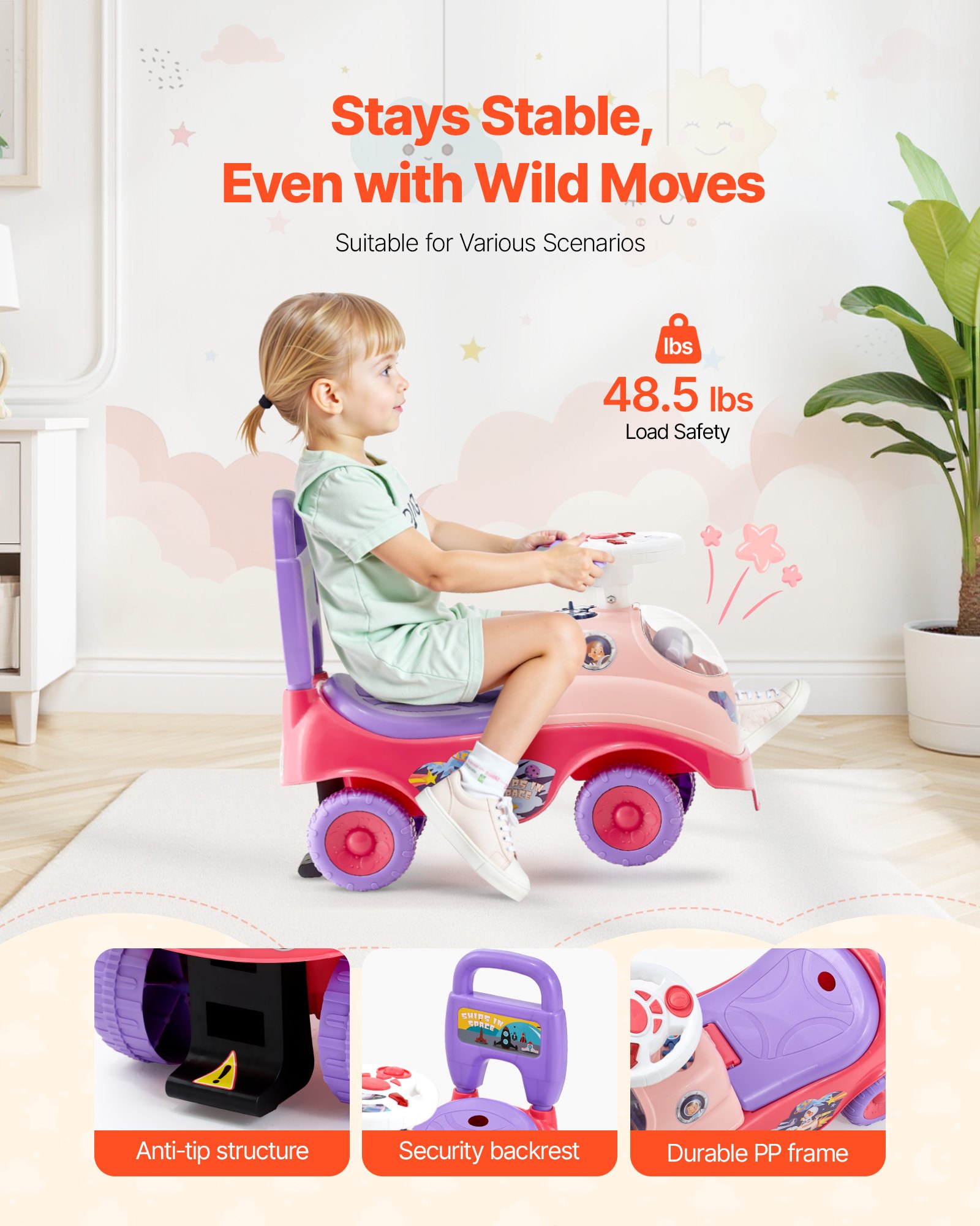 VEVOR Macchinina a Spinta Giocattolo Auto per Bambini, Capacità 22 kg, con Clacson e Musica, Macchina Cavalcabile per Bambini per Sviluppo Muscolare ed Equilibrio, Coordinazione Occhio-Mano