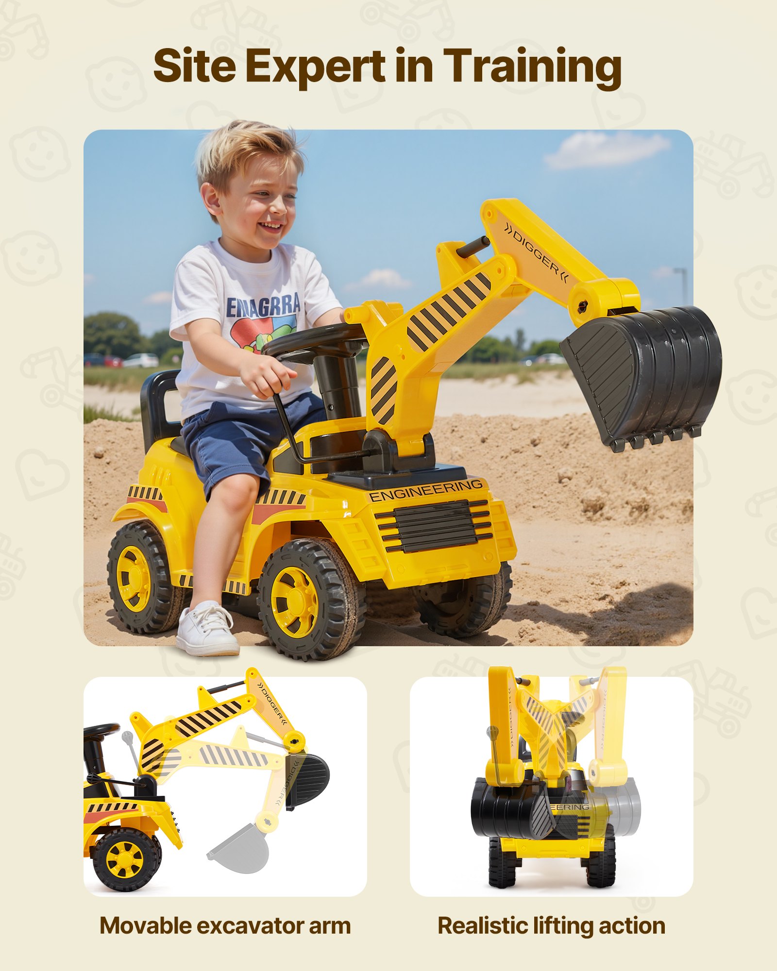 VEVOR Macchinina Cavalcabile con Volante Giocattolo Auto per Bambini, Capacità 25 kg, Macchina Cavalcabile Escavatore con Musica per Bambini per Sviluppo Muscolare ed Equilibrio