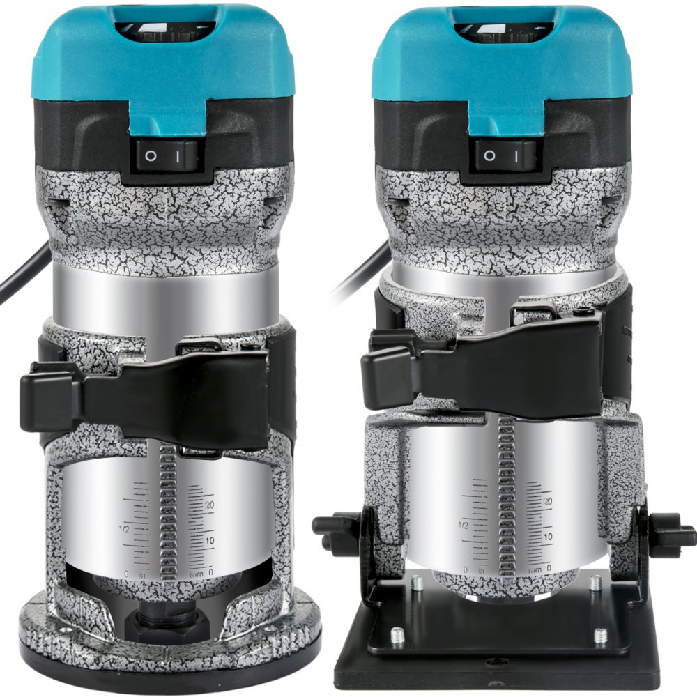 VEVOR One-Hand Wood Router Edge Router 33000 RPM, Fixed Base, Tilt Base, Plunge Base, Offset Base, 3 Collets 6.35 / 6 / 8 mm, Cutters 6 / 8 mm Included, Curved Guide, Aluminum Alloy