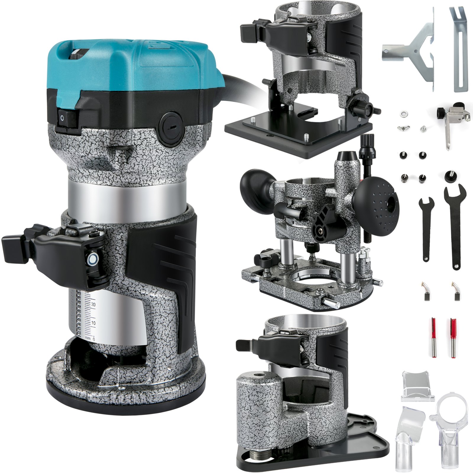 VEVOR One-Hand Wood Router Edge Router 33000 RPM, Fixed Base, Tilt Base, Plunge Base, Offset Base, 3 Collets 6.35 / 6 / 8 mm, Cutters 6 / 8 mm Included, Curved Guide, Aluminum Alloy