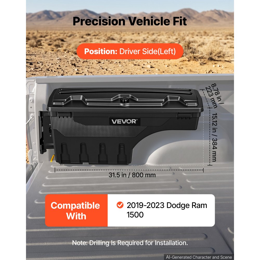 VEVOR Cassetta Porta Attrezzi per Cassone del Camion 25 L Anifurto Nero in ABS, con Serratura a Combinazione, Compatibile con Dodge Ram 1500 2019-2023, Lato Guidatore Sinistro, Foratura Richiesta