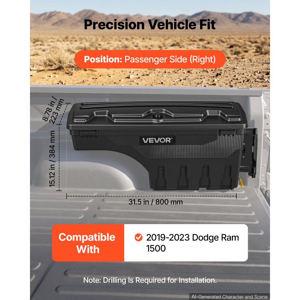 VEVOR Cassetta Portaoggetti Passaruota per Camion Impermeabile ABS 25 L Con Serratura a Combinazione Antifurto, Compatibile con Dodge Ram 1500 2019-2023, Lato Passeggero destro, Foratura Richiesta
