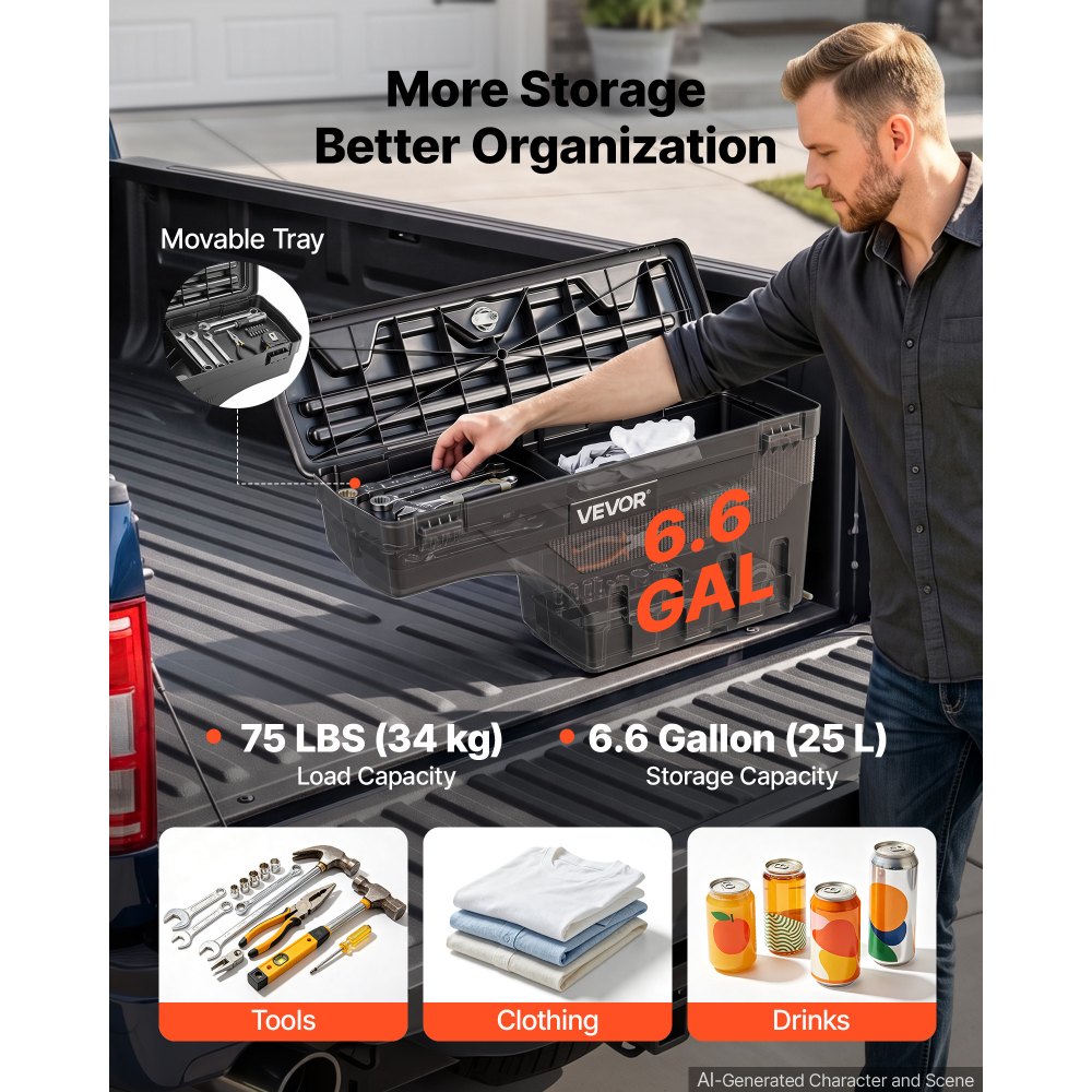 VEVOR Scatola Porta Attrezzi per Cassone del Camion 25 L Impermeabile ABS Passaruota, Compatibile con Chevy/GMC Silverado/Sierra 2500/3500HD 2020-2025, Lato Passaggero Destro, Foratura Richiesta