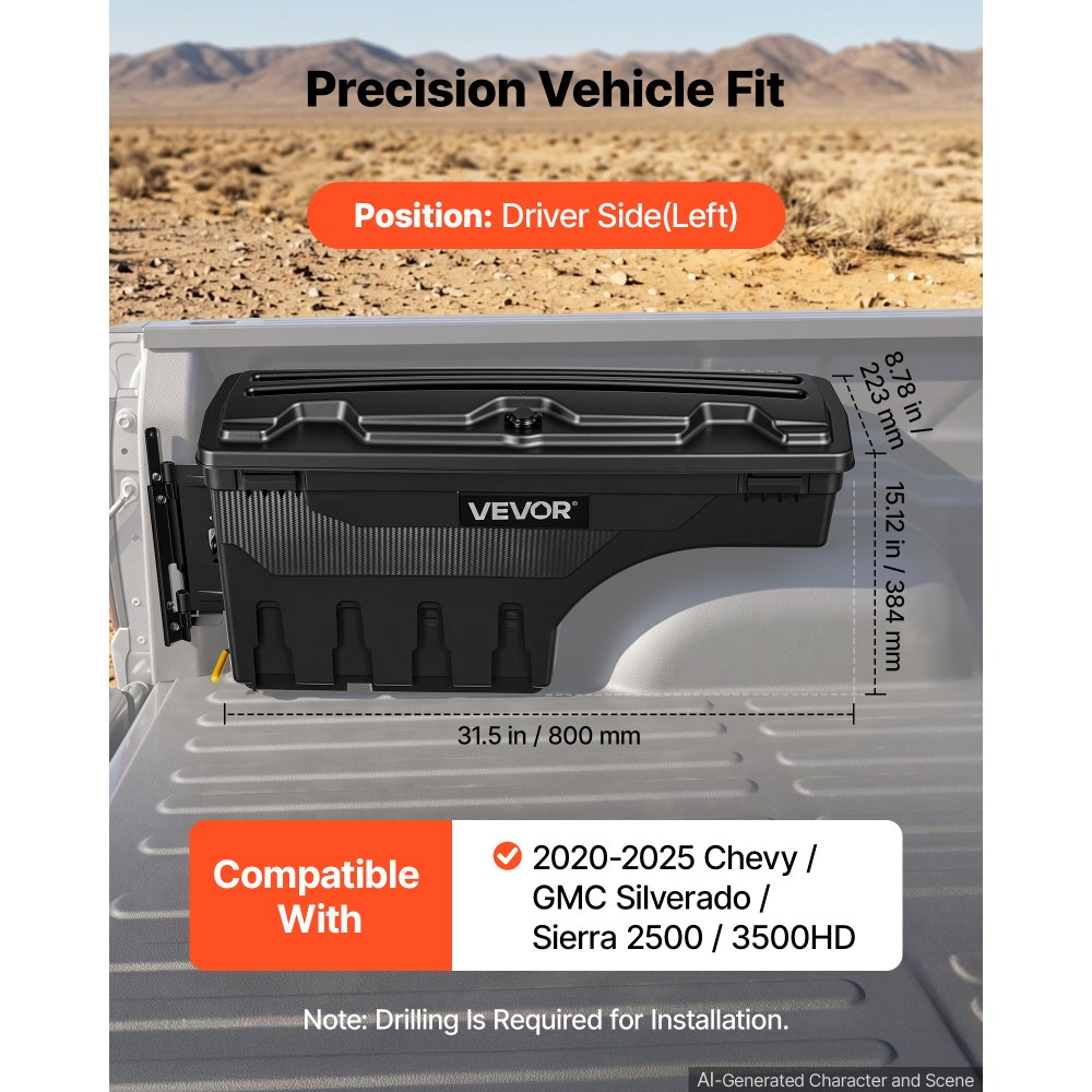 VEVOR Scatola Porta Attrezzi per Cassone del Camion 25 L Impermeabile Nero Passaruota, Compatibile con Chevy/GMC Silverado/Sierra 2500/3500HD 2020-2025, Lato Guidatore Sinistro, Foratura Richiesta