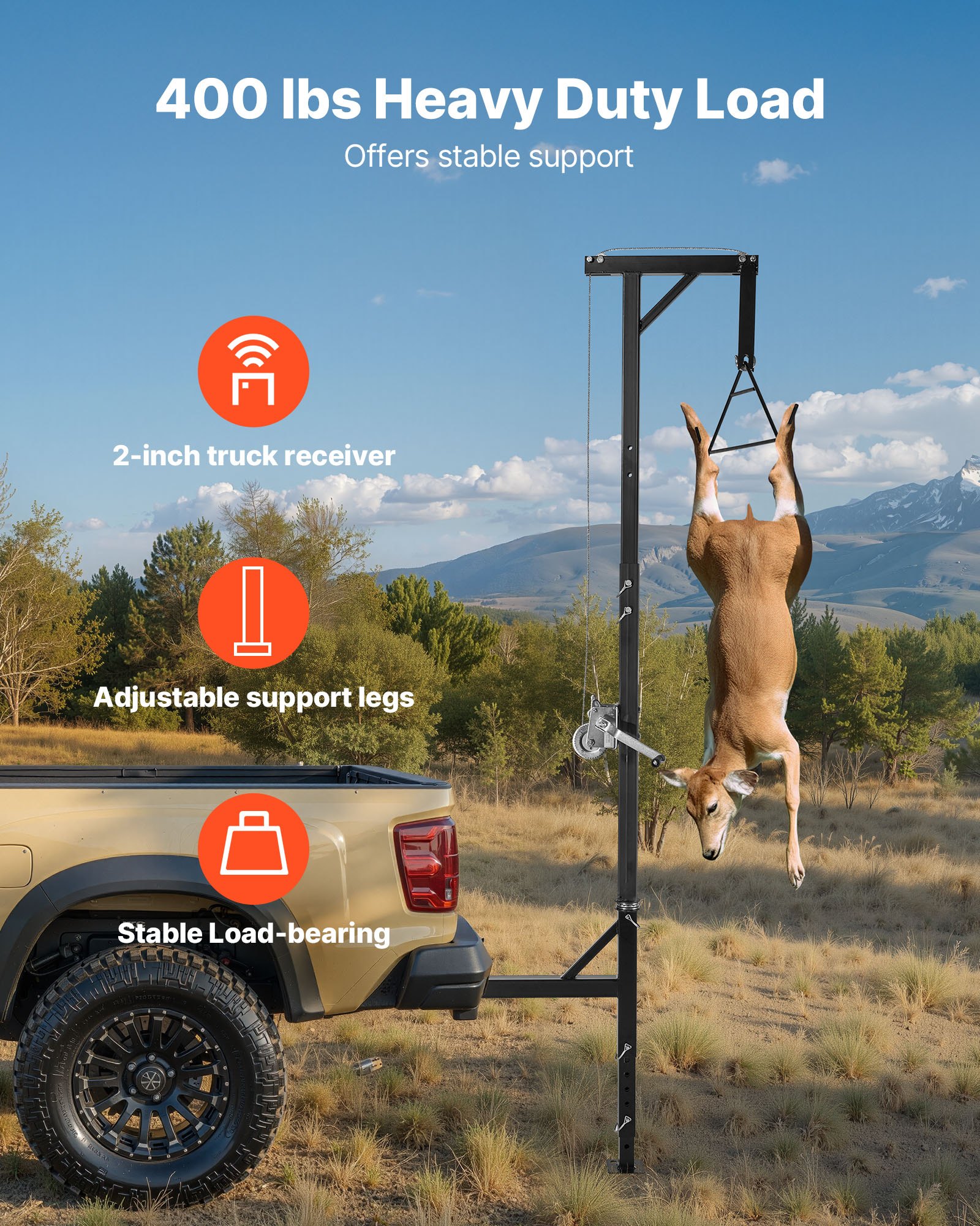 VEVOR Truck Hitch Game Hoist, 400 lbs Load Capacity, Hunting Deer Hoist with 2-inch Receiver, 360-Degree Swivel Shaft & Adjustable Height, Includes Gambrel Winch for Skinning & Cleaning Game