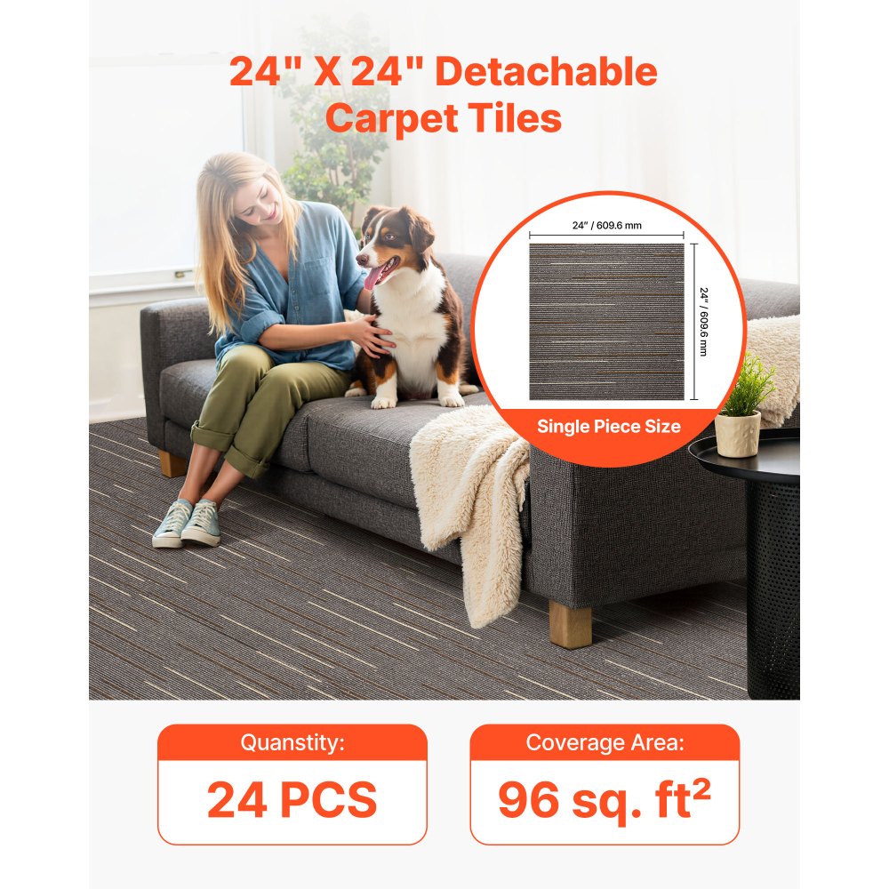 VEVOR Piastrelle per Moquette, 610x610 mm 24 Pezzi, Tappeto Quadrato Modulare, Pavimento Morbido Imbottito per Copertura Senza Cuciture 8,9㎡, per Soggiorno Camera da Letto, Marrone Scuro
