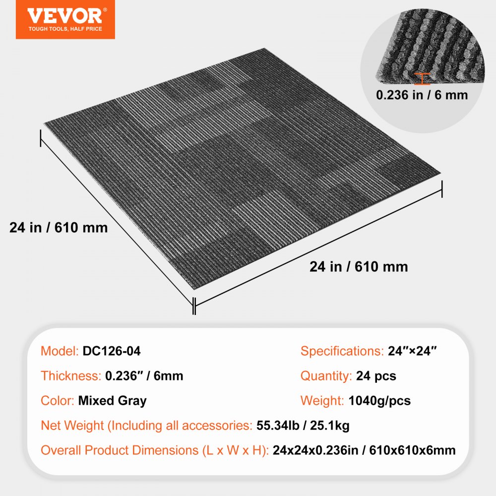 VEVOR Carpet Tiles Reusable, 24"x 24"Carpet Squares With Padding Attached, Soft Padded Carpet Tiles, Easy Install DIY for Bedroom Living Room (24Tiles, Mixed Gray)