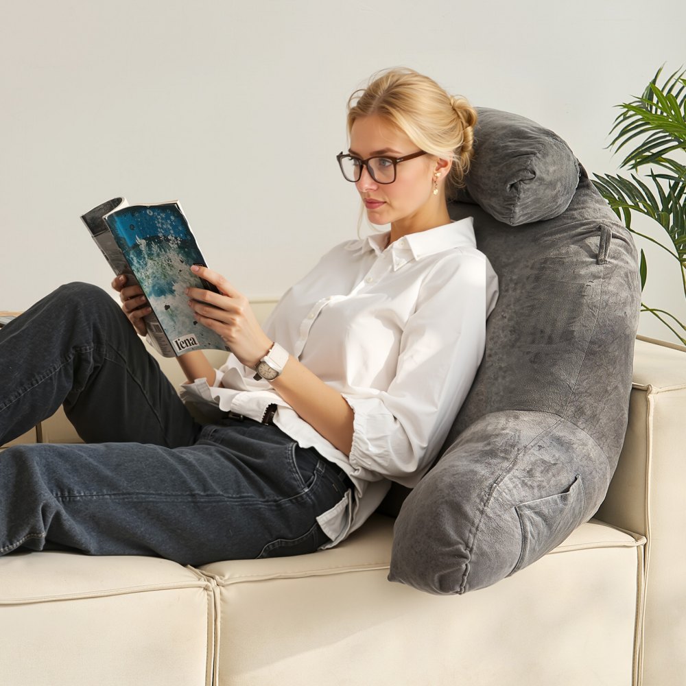 VEVOR Reading Pillow Bed Pillow (Large) with Removable Headrest, Back Pillow with 3 Pockets & Washable Short Velvet Fabric & Shredded Memory Foam, Side with Handle, for Watching TV, Reading, Playing