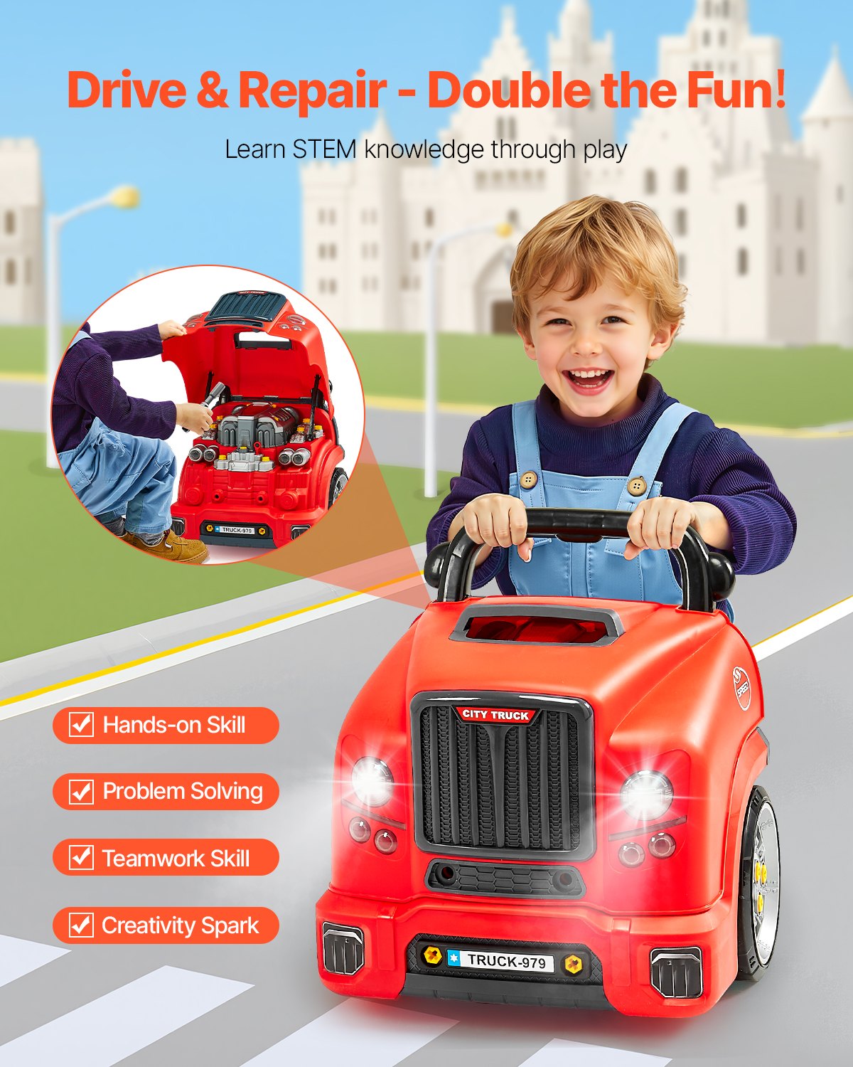 VEVOR Motor Toy, 60-Piece Car Repair Kit for Children, with Detachable Parts, Lights & Sounds, Steering Wheel & Horn, Mechanic Workshop Set for Children Ages 3 and Up, Red