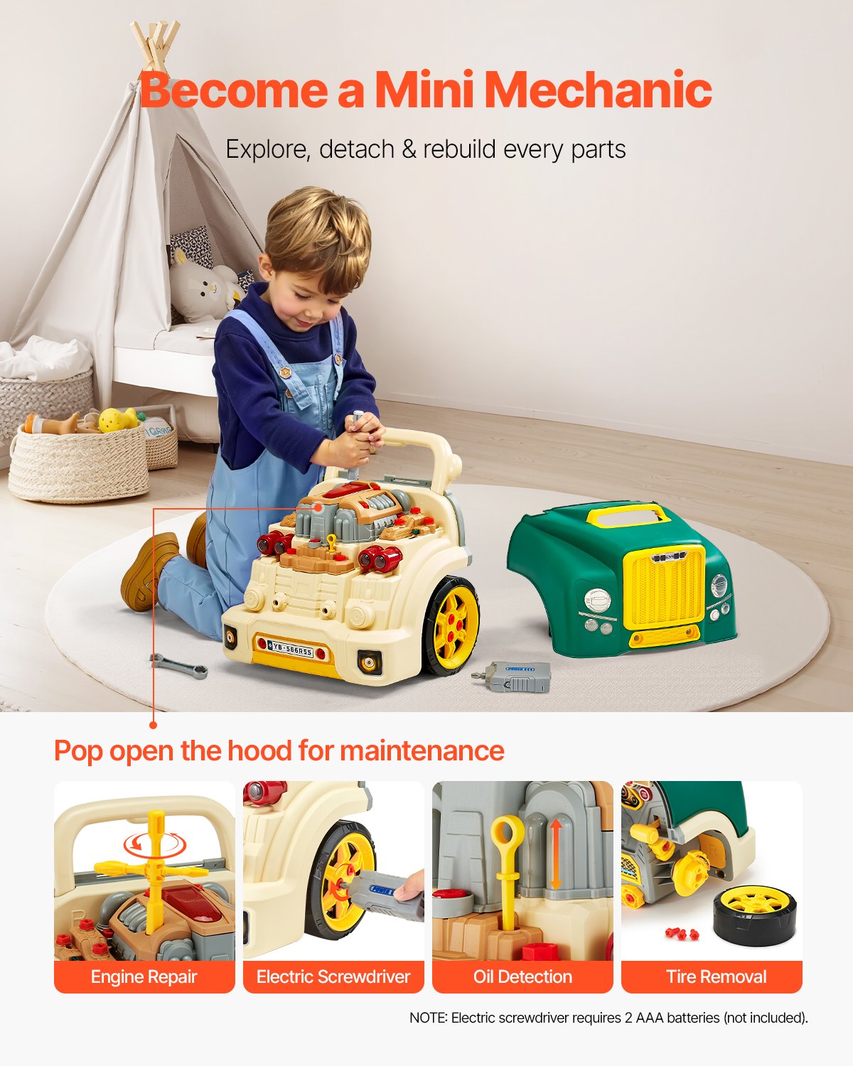 VEVOR Giocattolo Motore, 60 Pezzi, Set Riparazione Auto Meccanico per Bambini con Parti Rimovibili, Luci e Suoni, Volante e Clacson, Set Officina Meccanico per Bambini dai 3 Anni in su, Verde