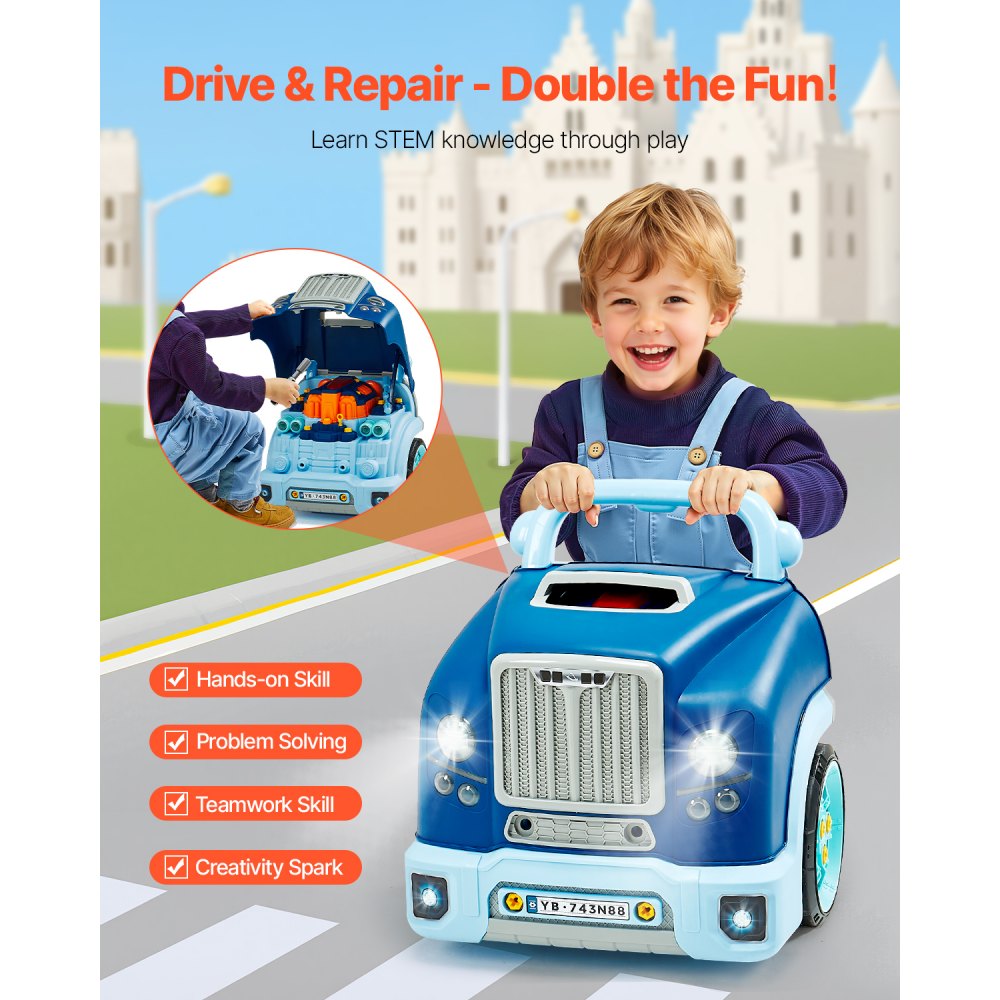VEVOR Giocattolo Motore, 60 Pezzi, Set Riparazione Auto Meccanico Bambini con Parti Rimovibili, Luci e Suoni, Volante e Clacson, Set Officina Meccanico Resistenti Sicuri per Bambini, Blu
