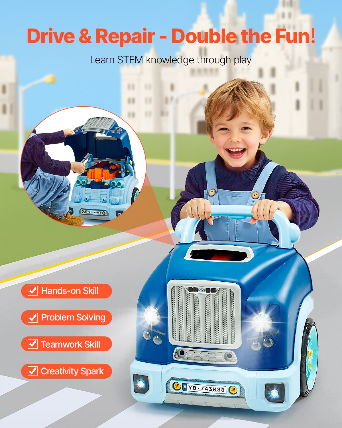 VEVOR Giocattolo Motore, 60 Pezzi, Set Riparazione Auto Meccanico Bambini con Parti Rimovibili, Luci e Suoni, Volante e Clacson, Set Officina Meccanico Resistenti Sicuri per Bambini, Blu