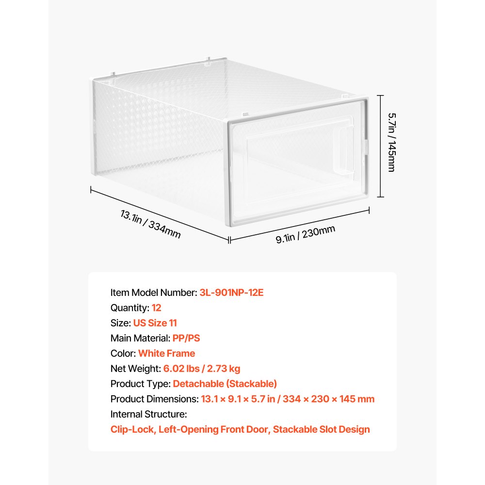 VEVOR Scatole Porta Scarpe, Adatte Fino alla Taglia 11 USA, 12 Scatole Porta Scarpe Impilabili, Contenitori Modulari in Plastica Salvaspazio per Riporre Stivali e Cappelli, Cornice Bianca