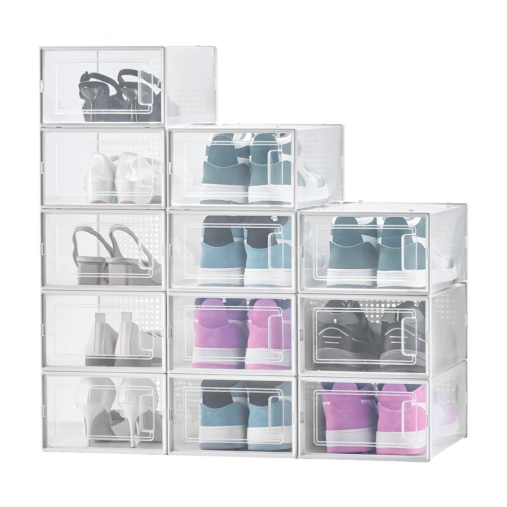 VEVOR Scatole Porta Scarpe, Adatte Fino alla Taglia 11 USA, 12 Scatole Porta Scarpe Impilabili, Contenitori Modulari in Plastica Salvaspazio per Riporre Stivali e Cappelli, Cornice Bianca