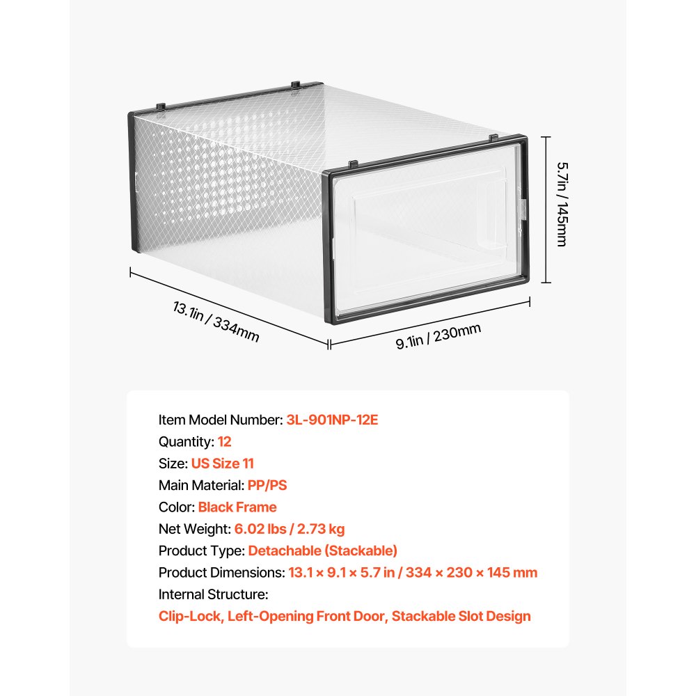 VEVOR Scatole Porta Scarpe, Adatte Fino alla Taglia 11 USA, 12 Scatole Porta Scarpe Impilabili, Contenitori Modulari in Plastica Salvaspazio per Riporre Stivali e Cappelli, con Telaio Nero