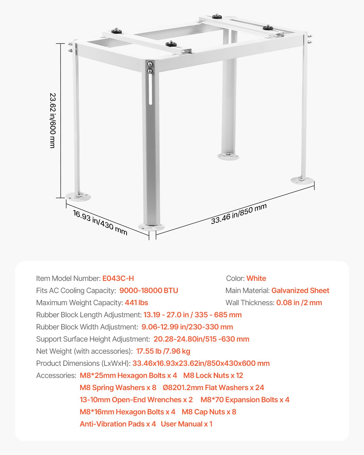 VEVOR Air Conditioner Floor Stand, Vibration-Dampening Mini Split Stand for Ductless Air Conditioners and Heat Pumps with 9000-18000 BTU, AC Base Bracket for Floor Mounting with a Maximum Load Capacity of 200 kg