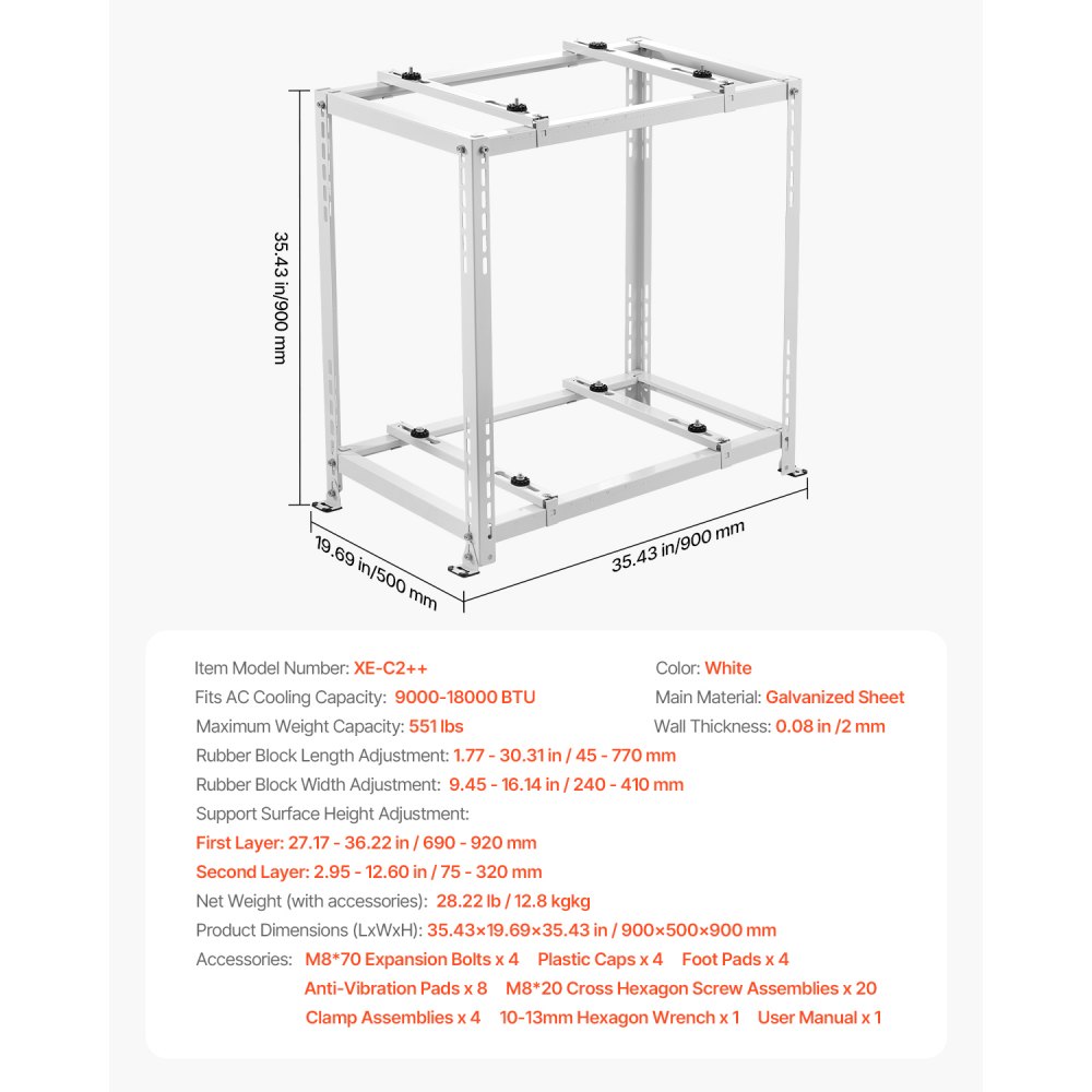 VEVOR Supporto da Terra Mini Split, Supporto Antivibrazioni per Condizionatore d'Aria, Senza Condotti da 9000-18000 BTU, Pompa di Calore, Capacità 250 kg, Doppio Livello Altezza Regolabile