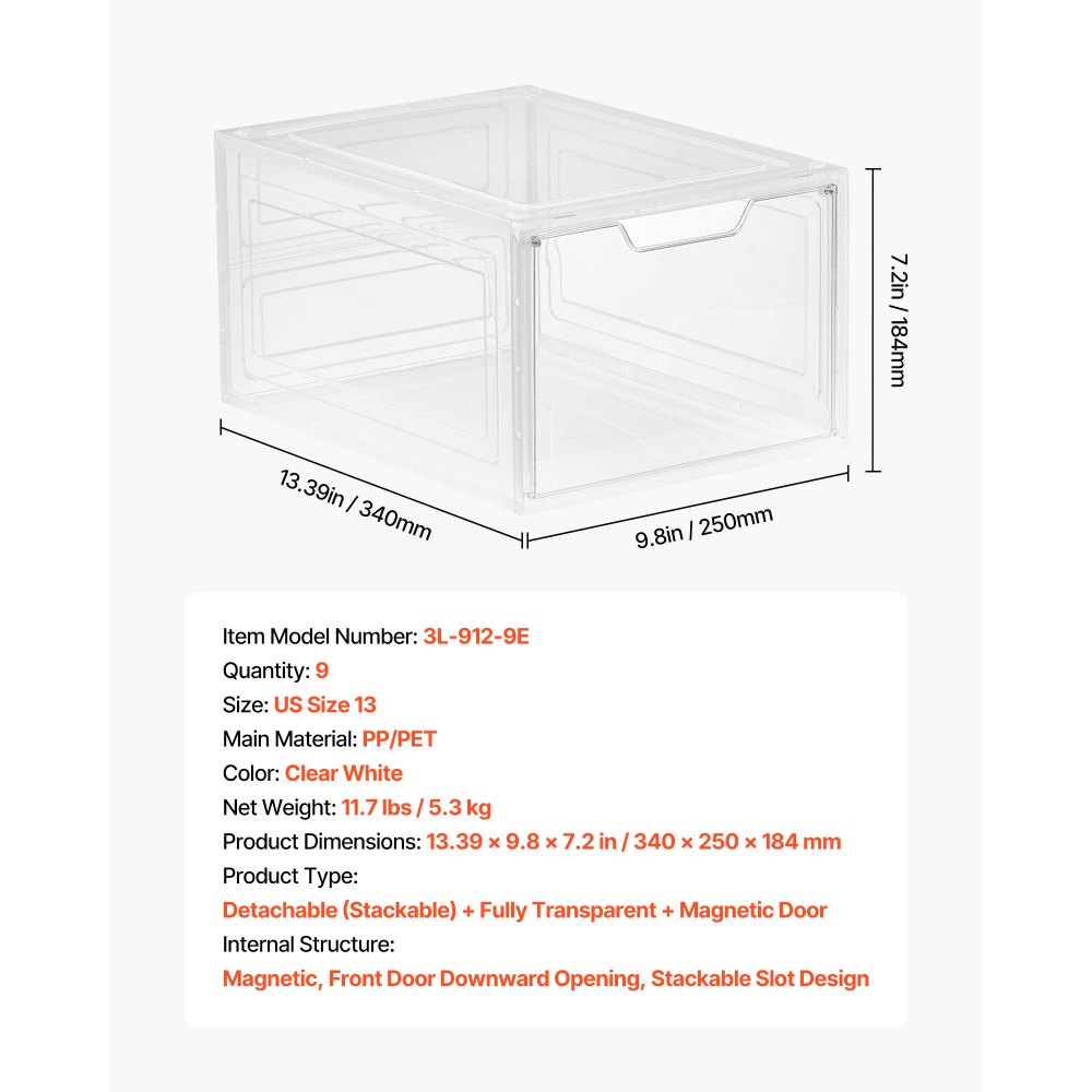 VEVOR Scatole Porta Scarpe, Adatte Fino alla Taglia 13 USA, 9 Scatole Porta Scarpe Trasparenti Impilabili con Porta Magnetica, Contenitori in Plastica per Stivali e Cappelli, Bianco Trasparente