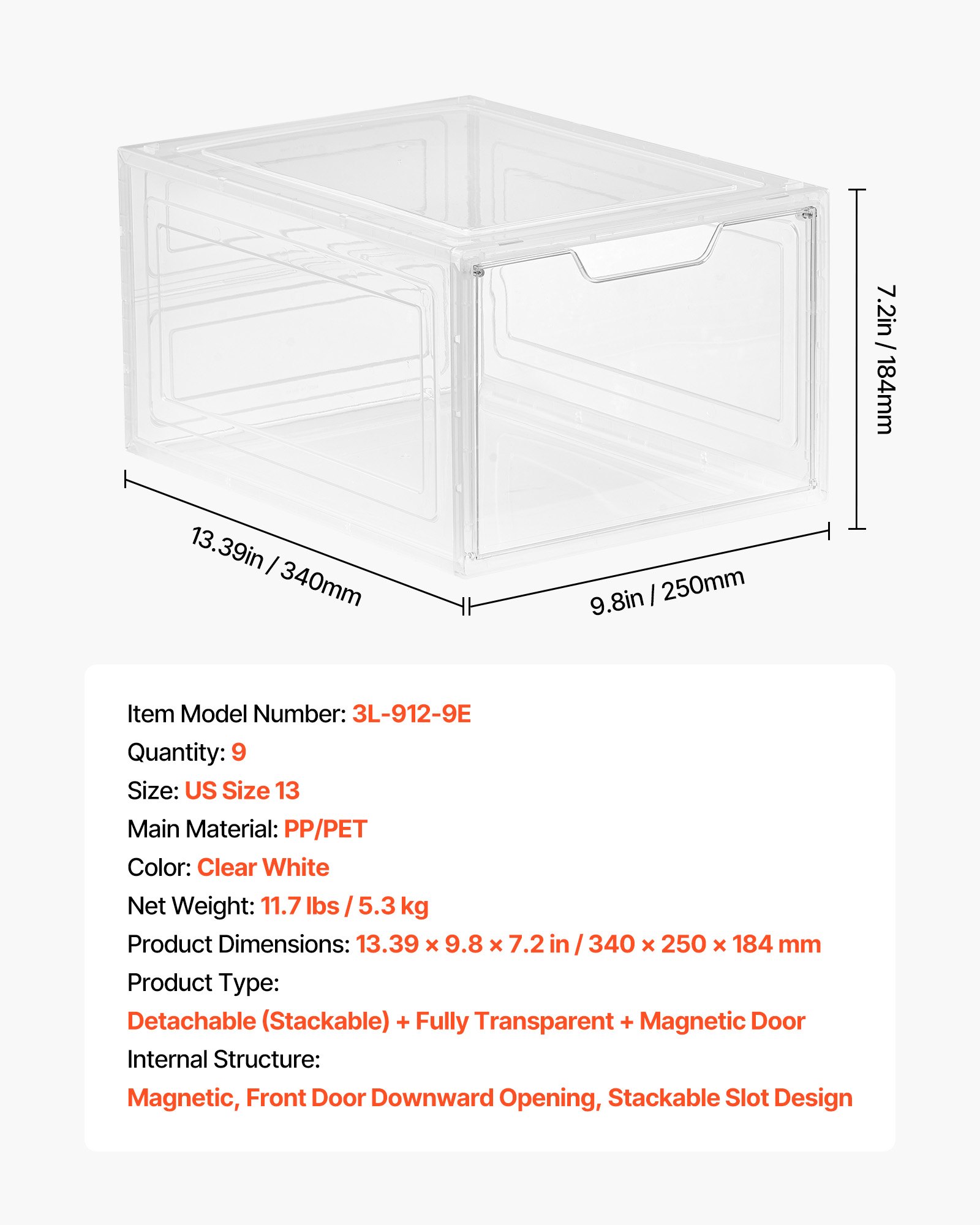 VEVOR Scatole Porta Scarpe, Adatte Fino alla Taglia 13 USA, 9 Scatole Porta Scarpe Trasparenti Impilabili con Porta Magnetica, Contenitori in Plastica per Stivali e Cappelli, Bianco Trasparente