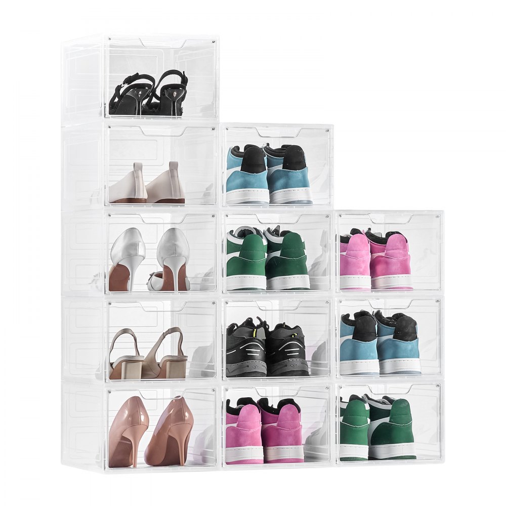 VEVOR Scatole Porta Scarpe, Adatte Fino alla Taglia 13 USA, Scatole Porta Scarpe Trasparenti Impilabili, 12 PZ con Porta Magnetica, Contenitori in Plastica per Stivali e Cappelli, Bianco Trasparente