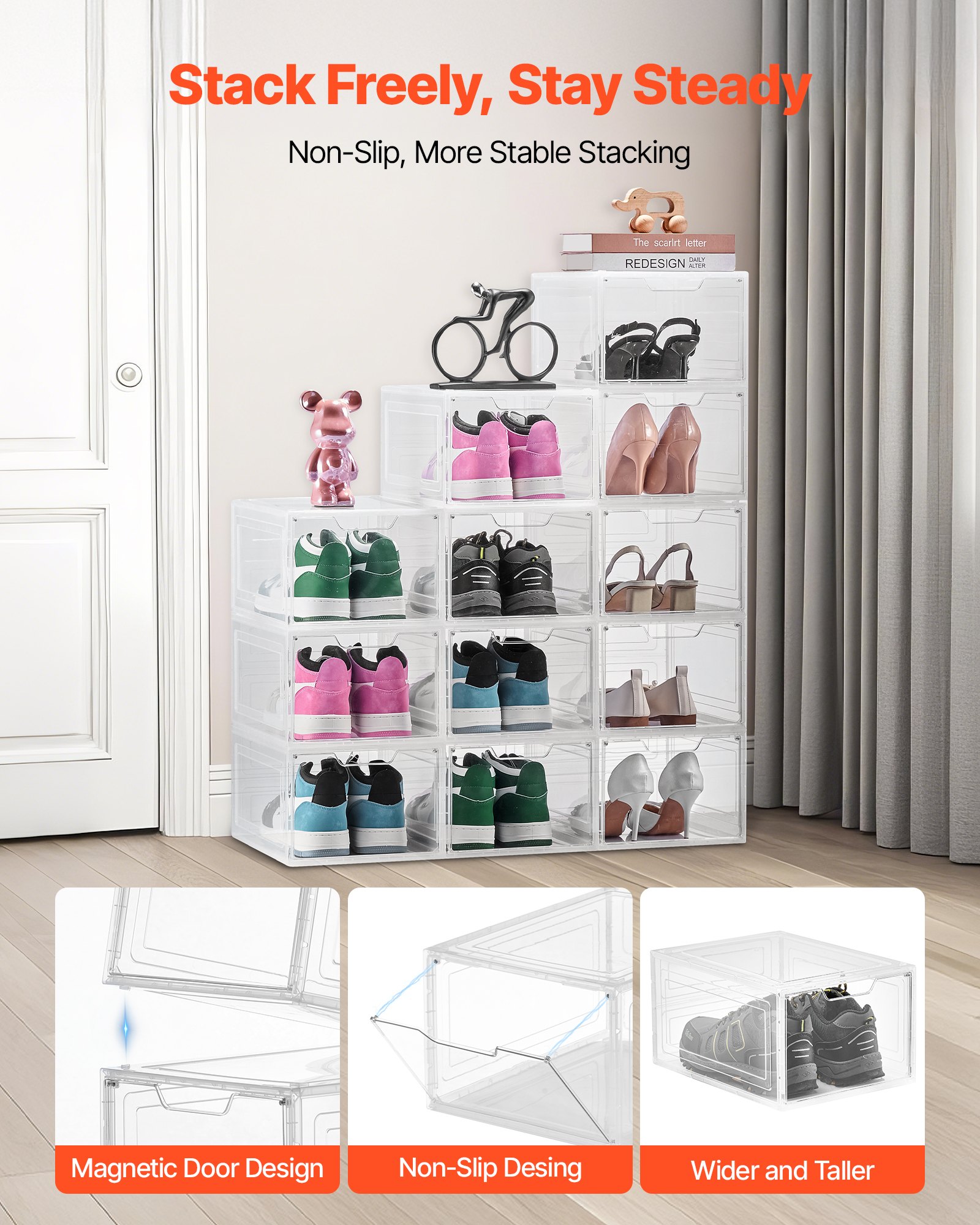 VEVOR Scatole Porta Scarpe, Adatte Fino alla Taglia 13 USA, Scatole Porta Scarpe Trasparenti Impilabili, 12 PZ con Porta Magnetica, Contenitori in Plastica per Stivali e Cappelli, Bianco Trasparente