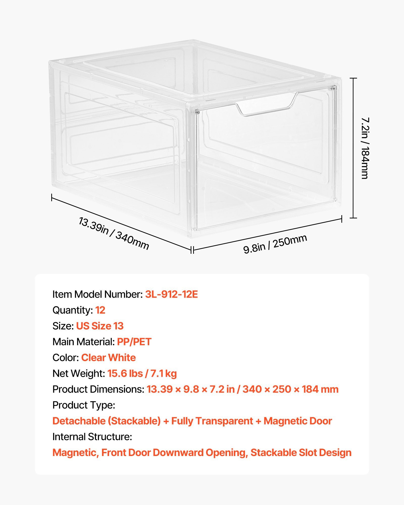 VEVOR Scatole Porta Scarpe, Adatte Fino alla Taglia 13 USA, Scatole Porta Scarpe Trasparenti Impilabili, 12 PZ con Porta Magnetica, Contenitori in Plastica per Stivali e Cappelli, Bianco Trasparente